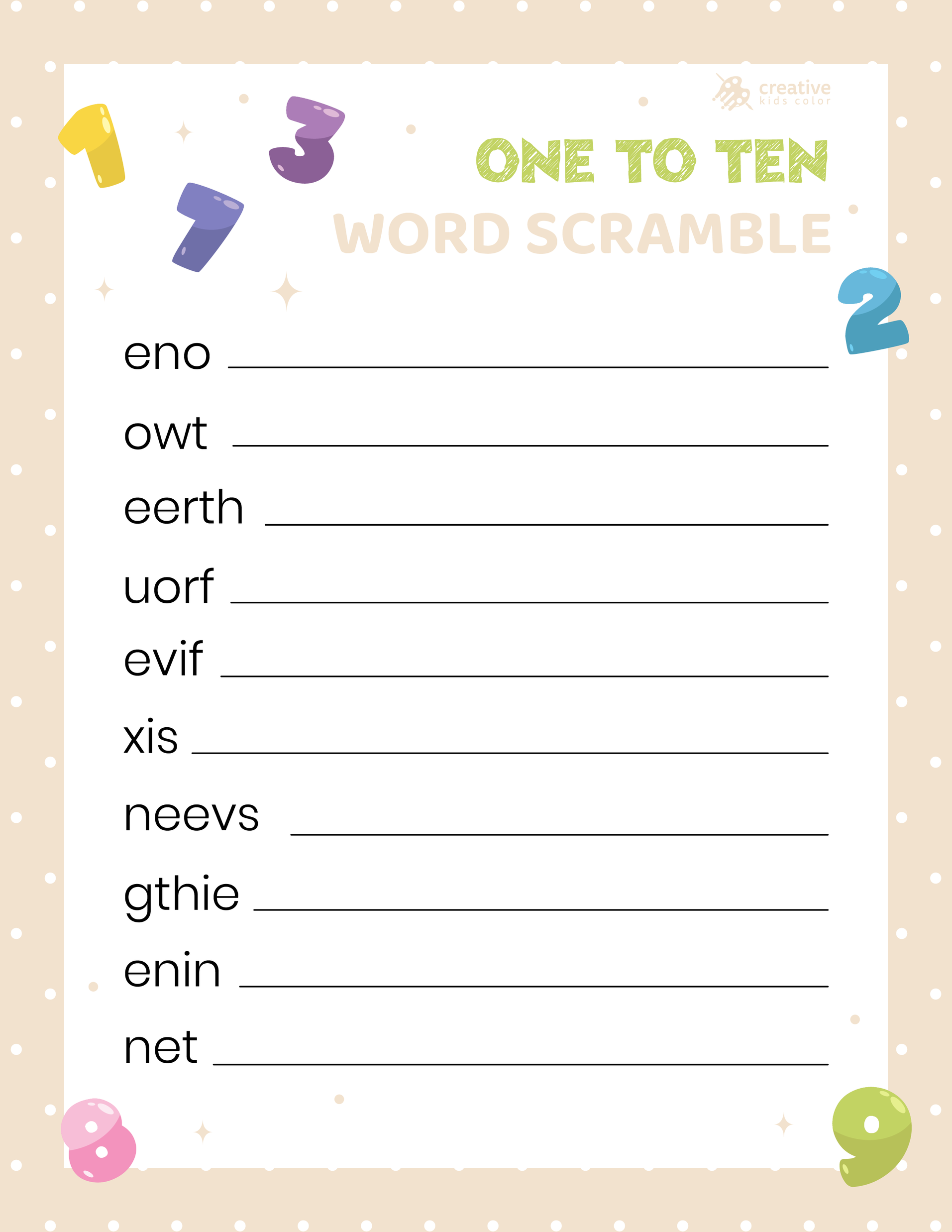 Free printable One to Ten Word Scramble for young learners to practice counting words.