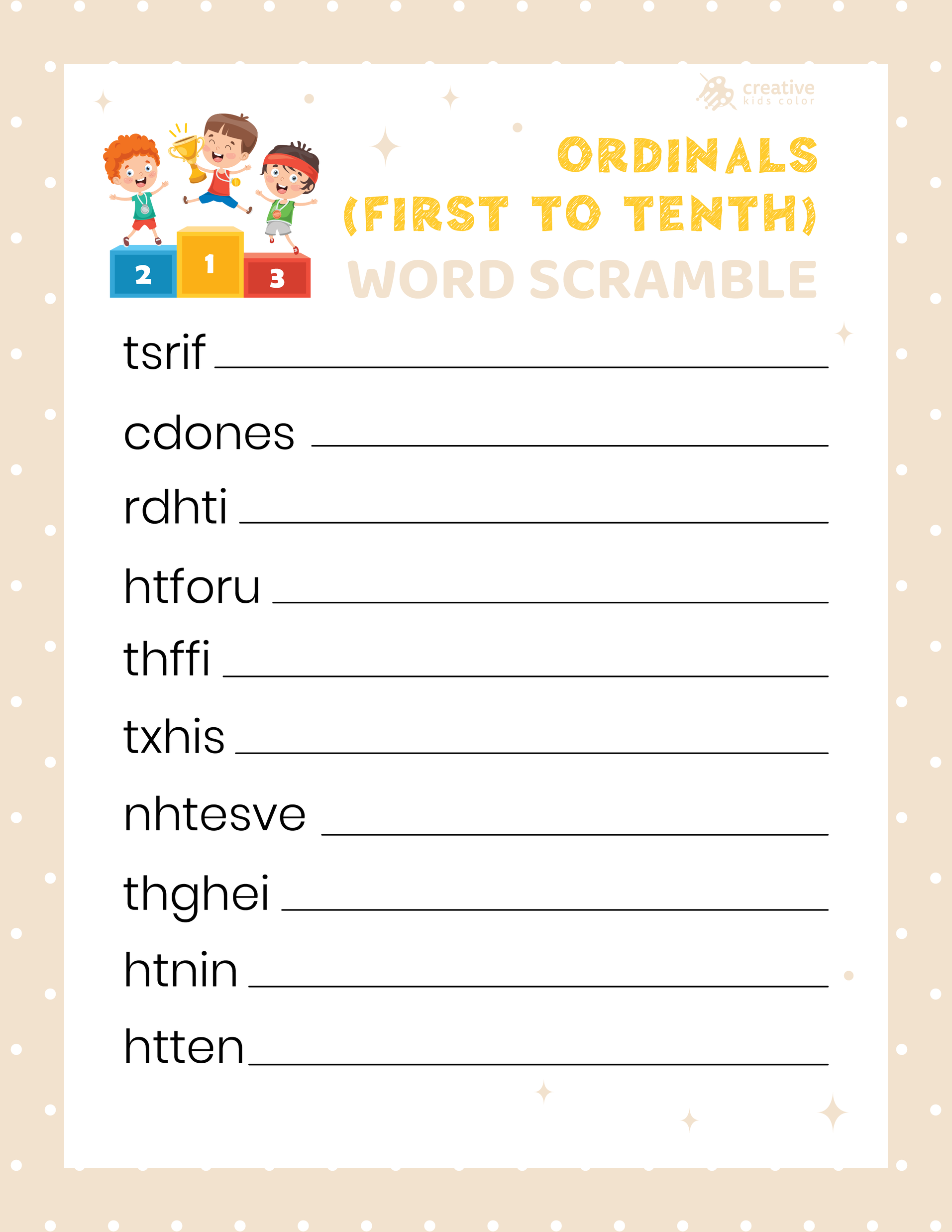 Free printable Ordinals Word Scramble for learning order-based number words.