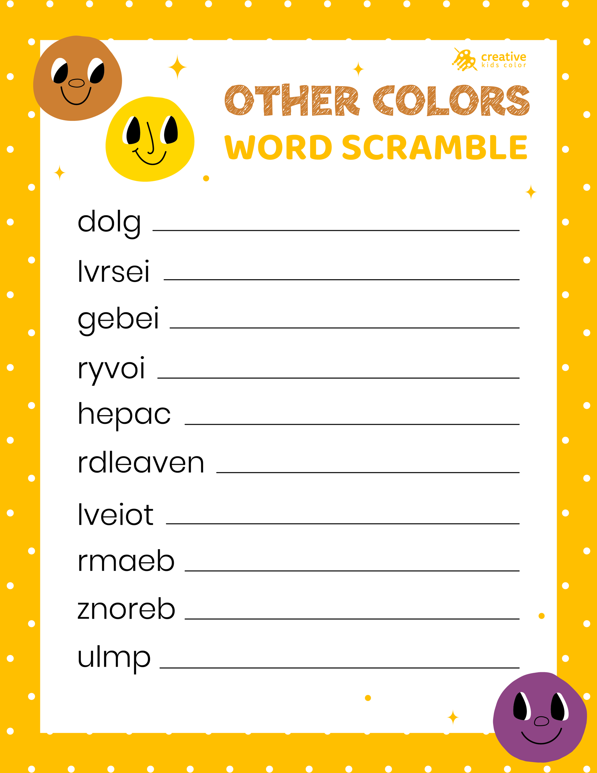 Free printable Other Colors Word Scramble featuring elegant and rare shades.