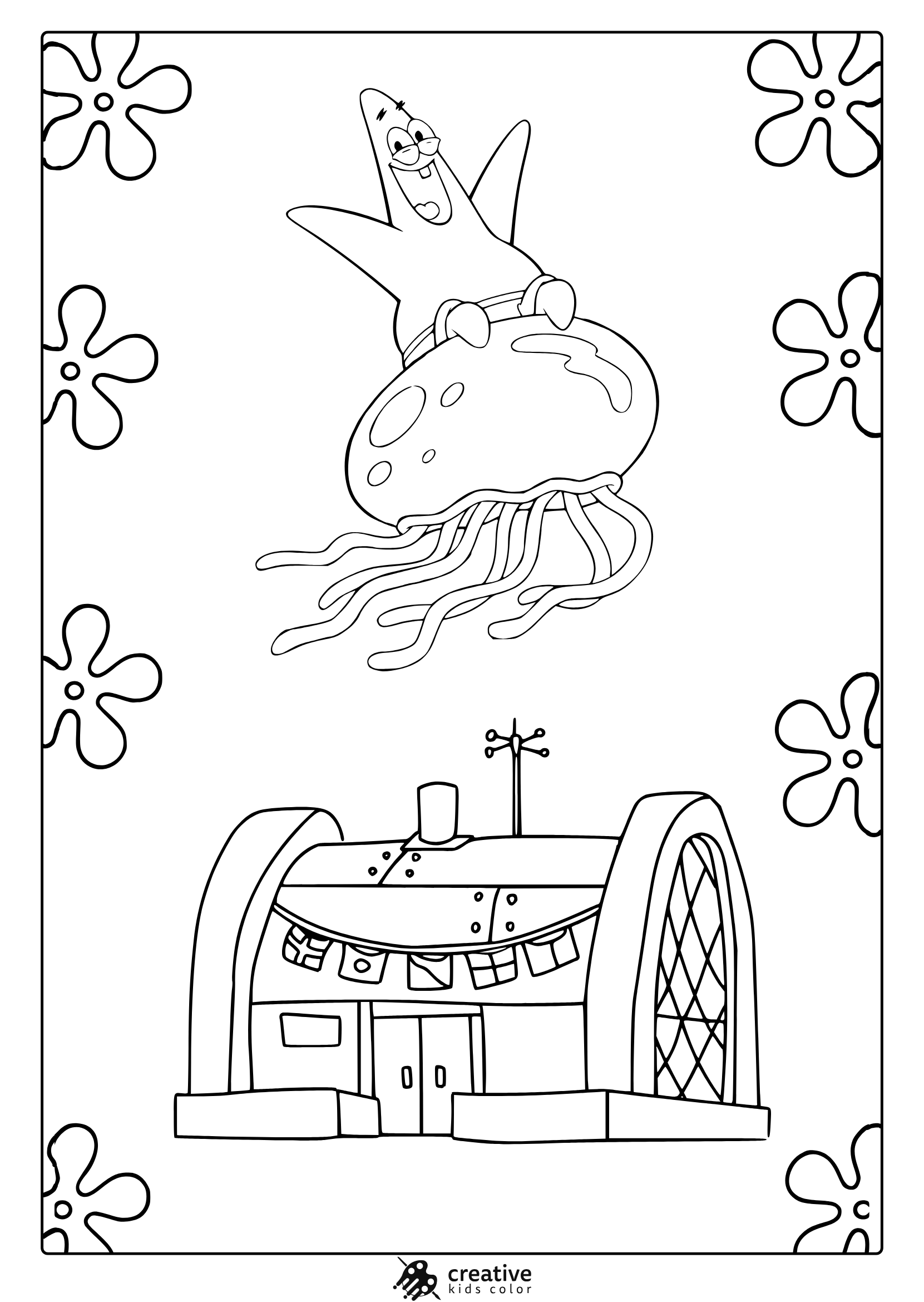 Patrick The Starfish And The Krusty Krab In A Spongebob Coloring Page With Jellyfish And Floral Elements.