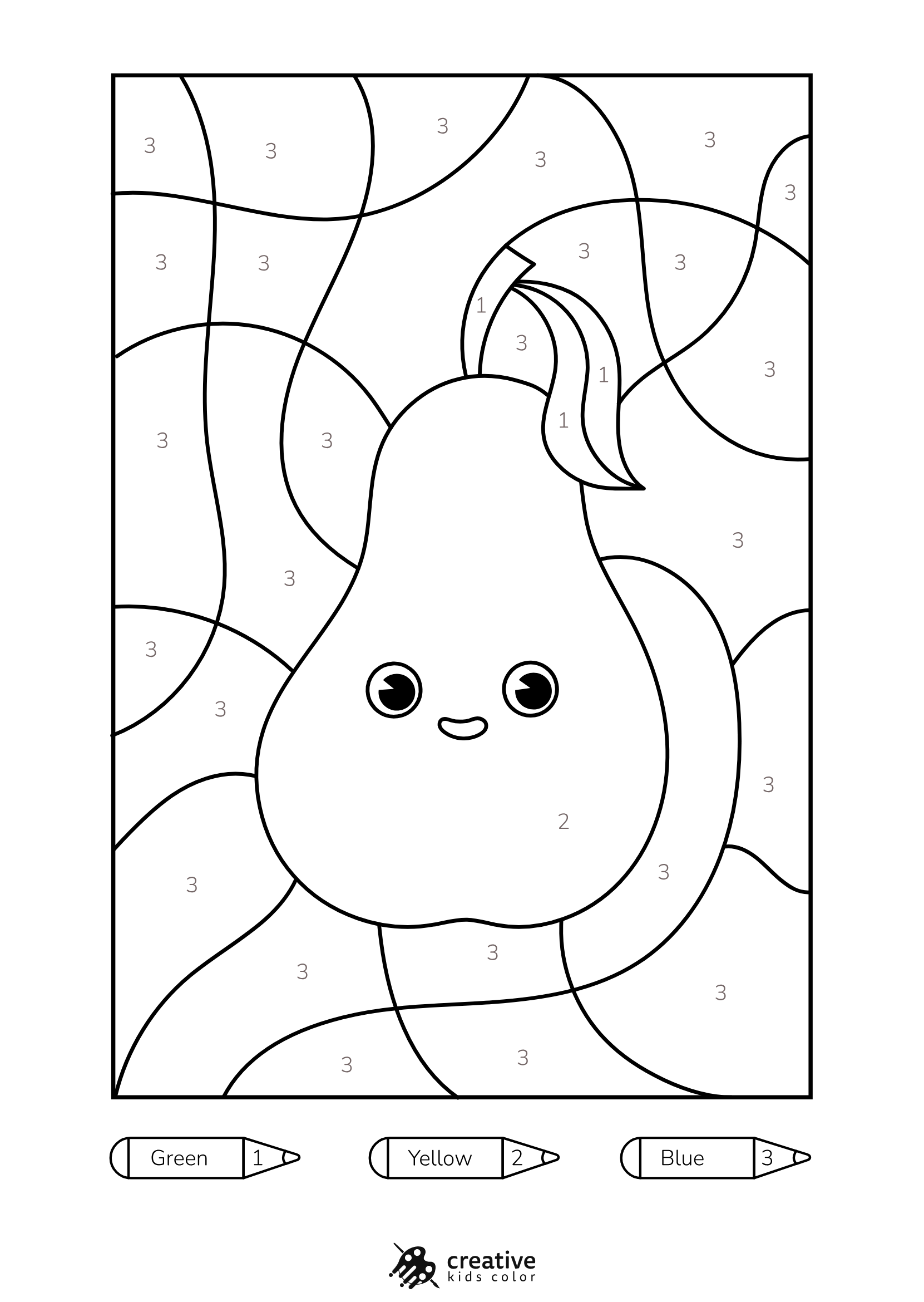 Pear Color By Number Coloring Page With Fun Details To Color In.