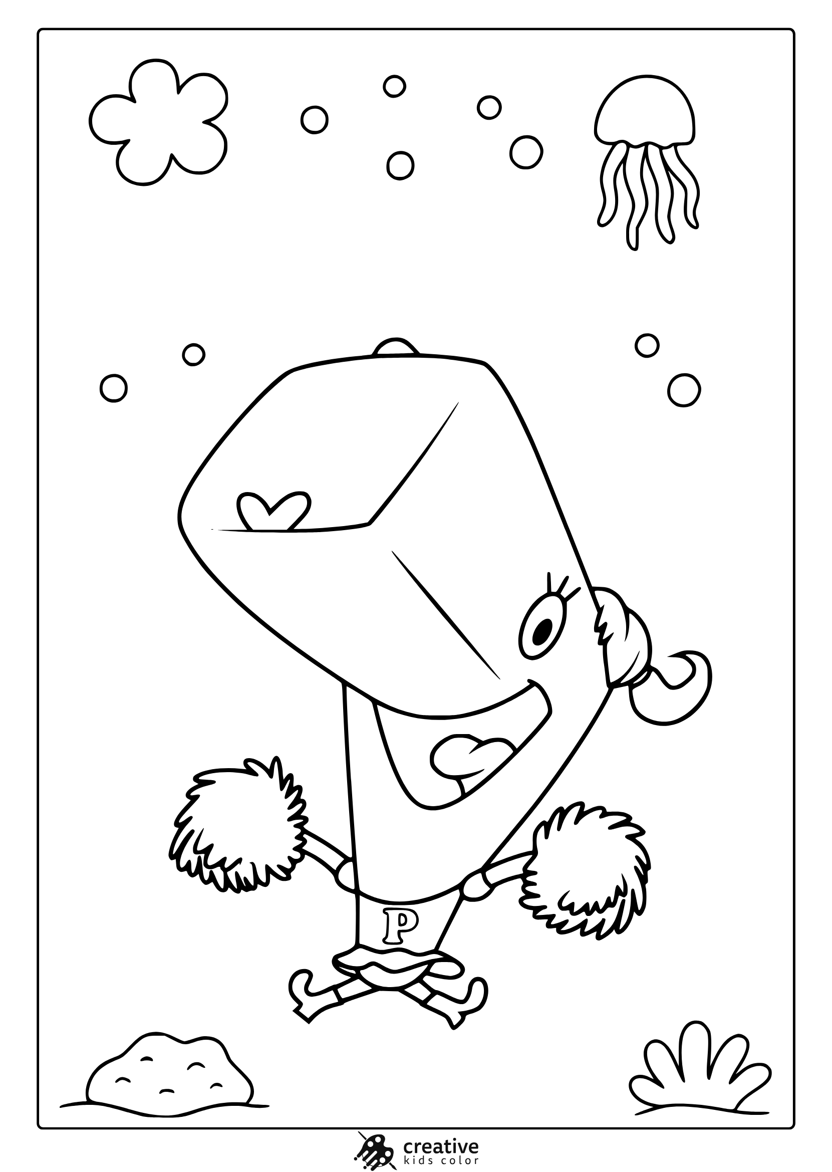 Pearl Krabs In A Fun Underwater Coloring Page Featuring Bubbles, Jellyfish, And Playful Cartoon Shapes.
