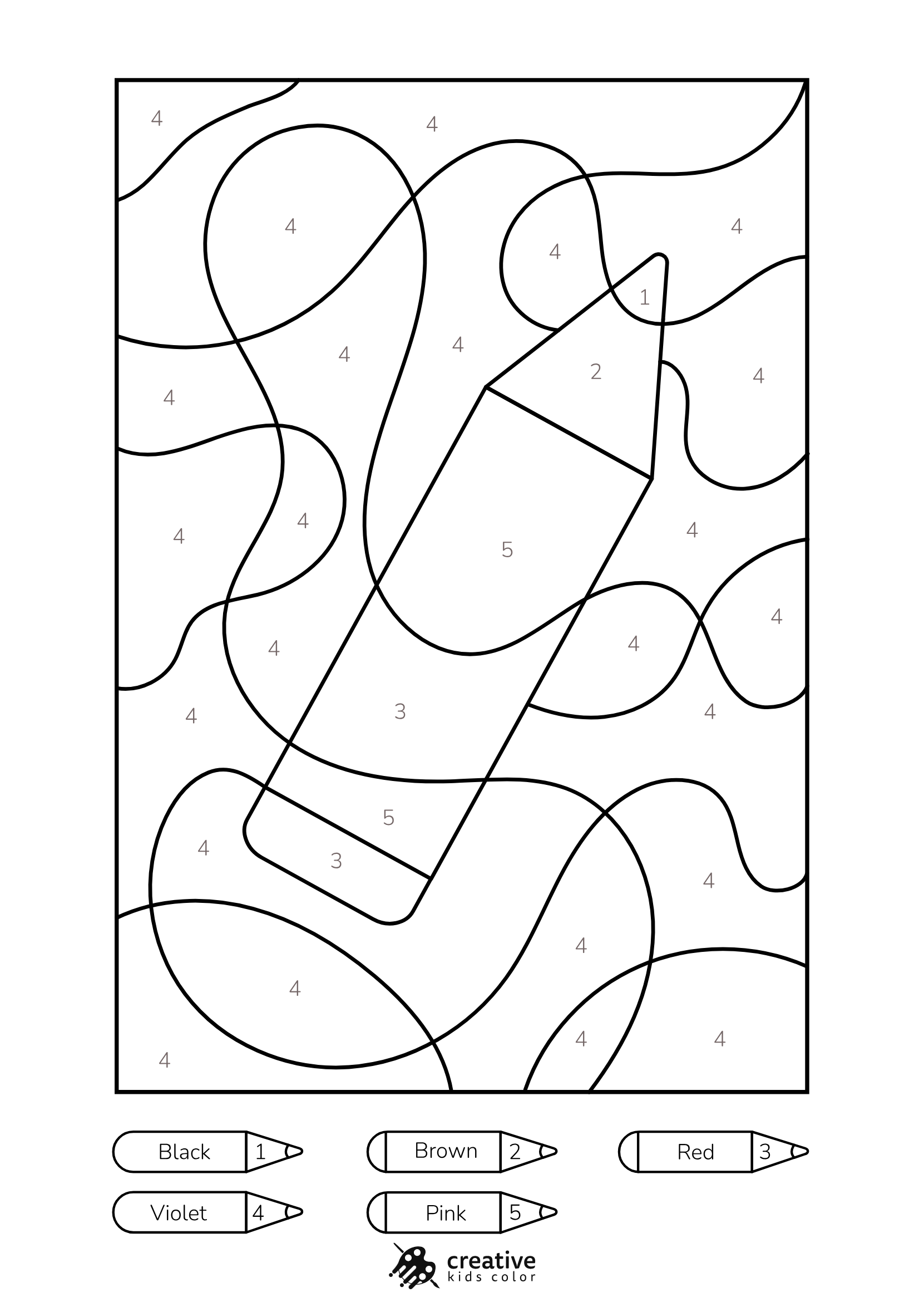 Pencil Color By Number Coloring Page With A Classic Pencil Featuring A Pink Eraser And Sharpened Tip.
