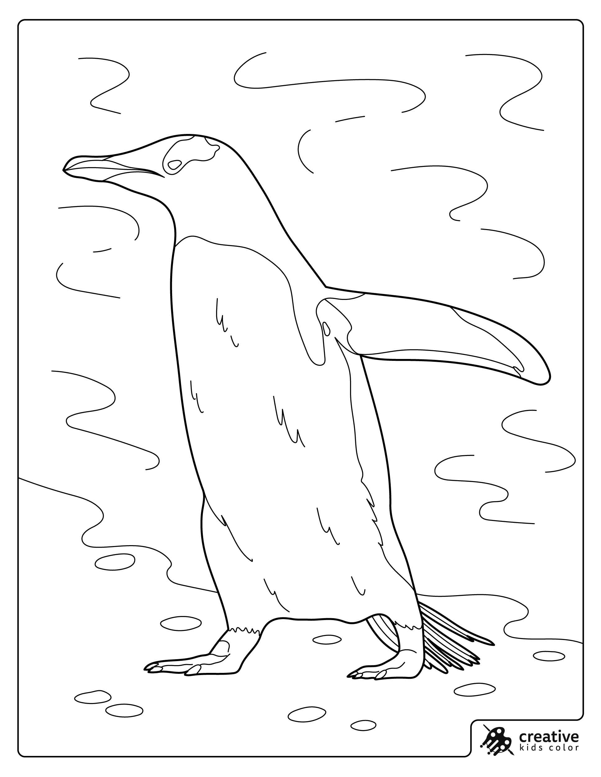 Penguin Coloring Page Featuring A Tall Penguin Standing On Icy Ground With Soft Wind Lines.