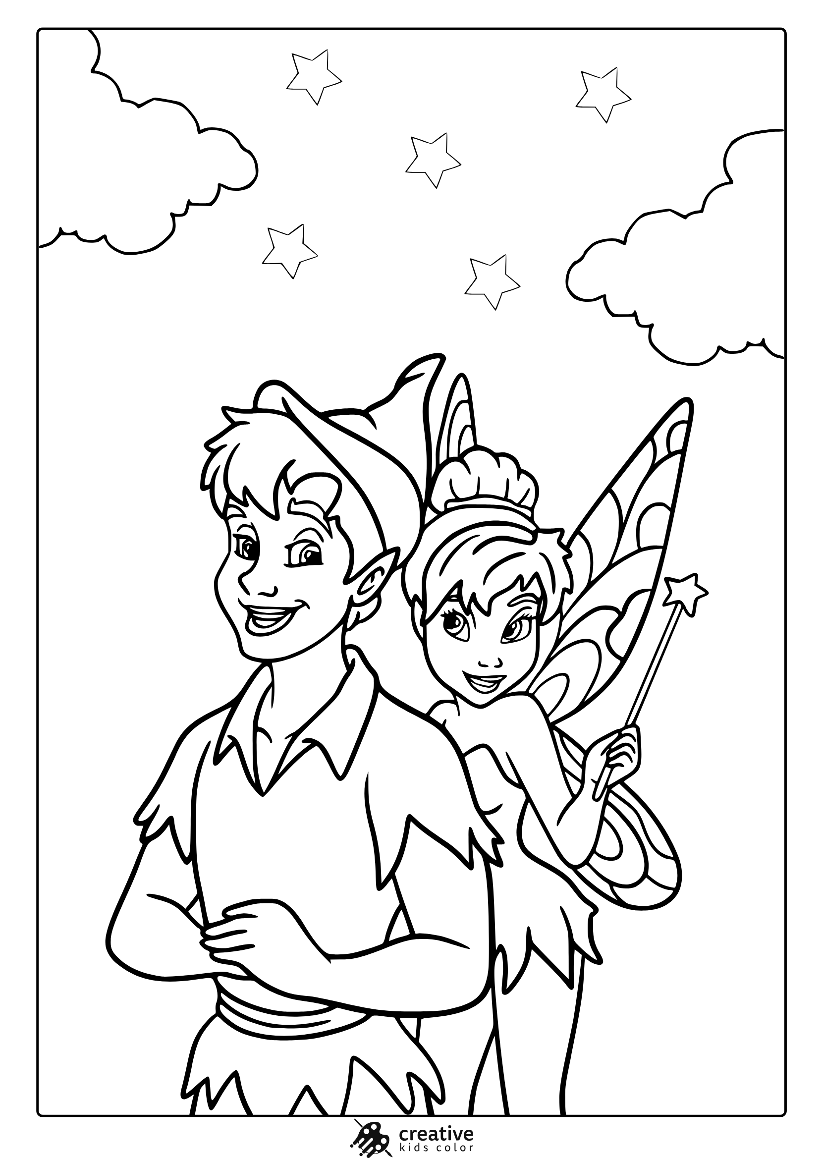 Peter Pan And Tinker Bell Coloring Page Together.