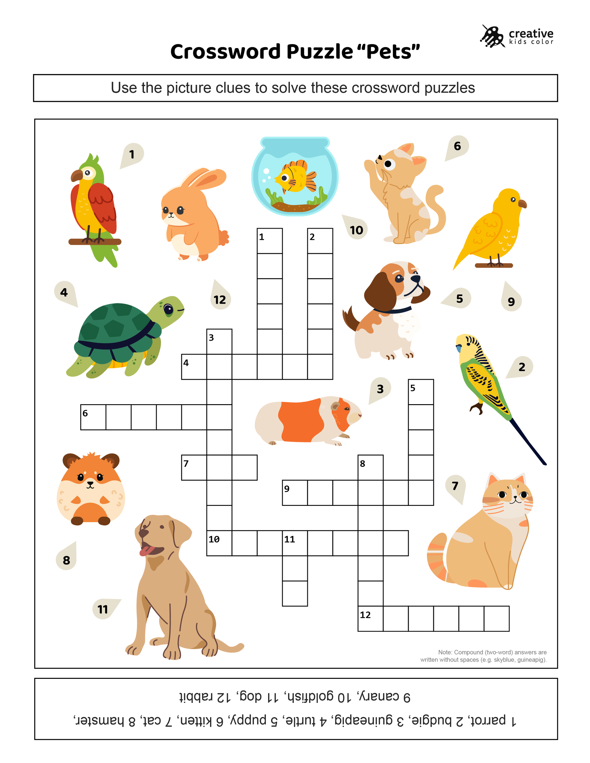 Free printable pets crossword puzzle with 12 picture clues.
