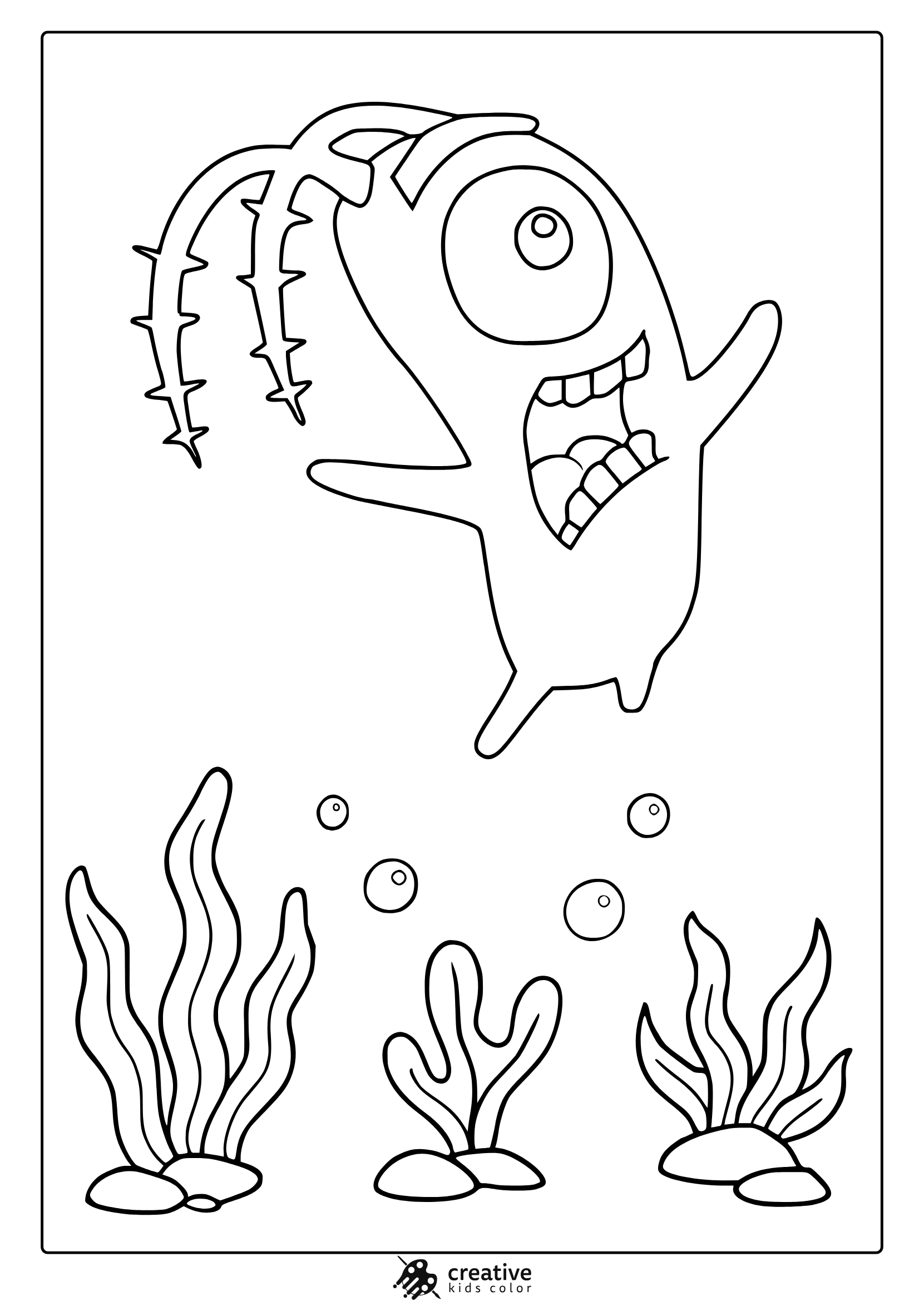 Plankton In An Underwater Coloring Page With Seaweed And Bubbles, Drawn In Bold Cartoon Lines.