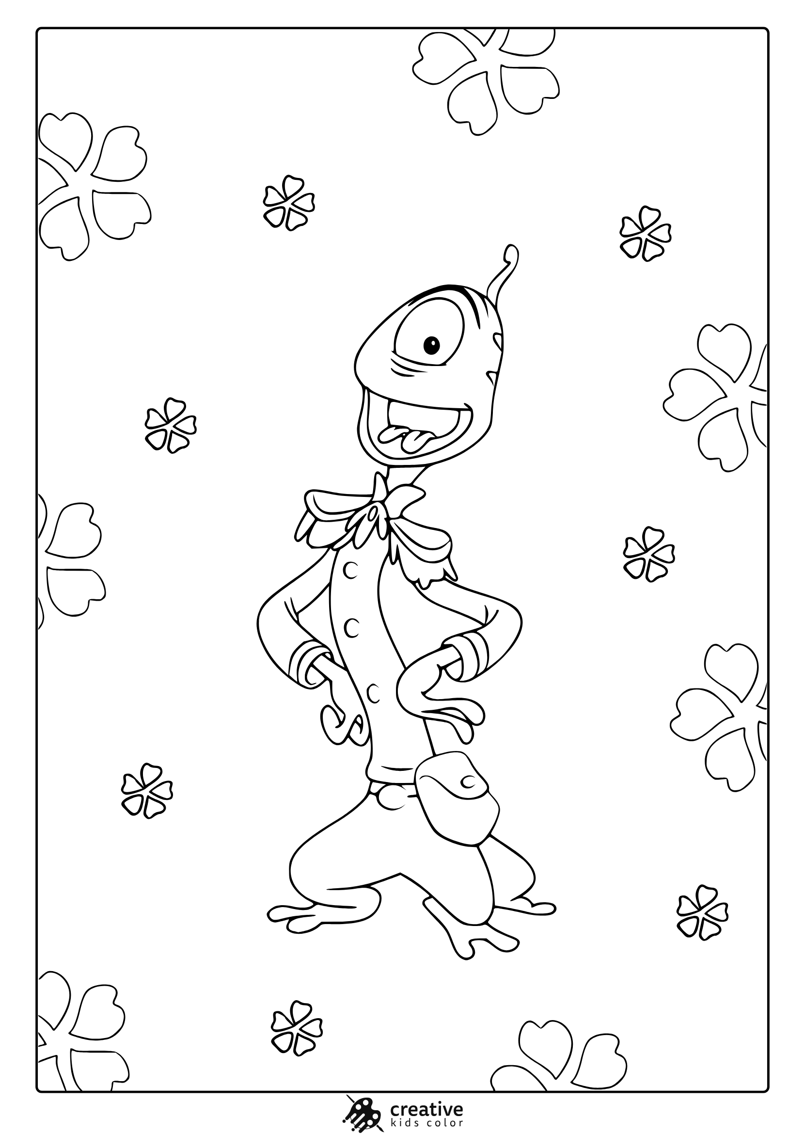 Pleakley Coloring Page With Anthropomorphic Frog Character, Big Expressive Eyes, And Scattered Four-Leaf Clovers.