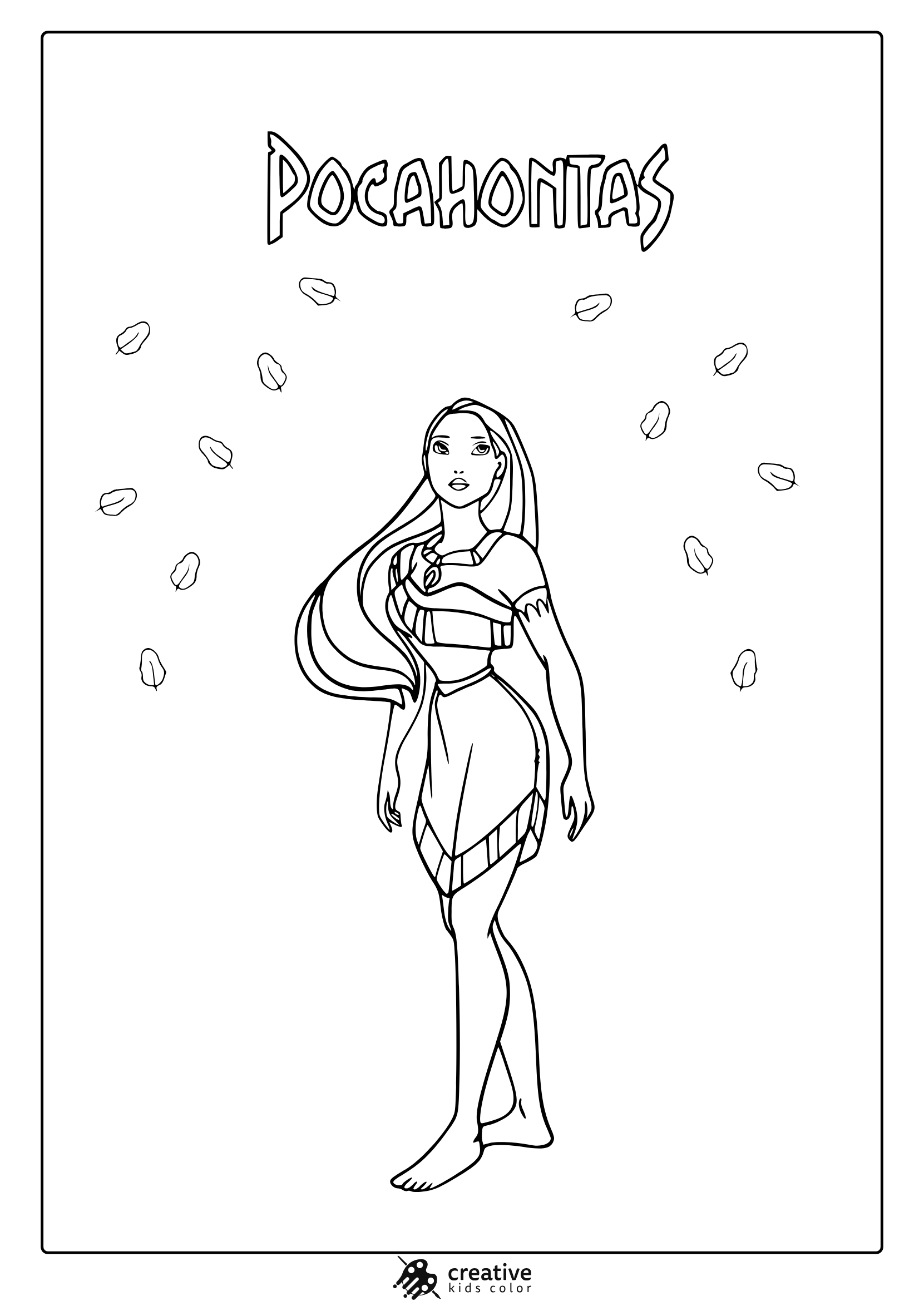 Coloring Page Of Pocahontas With Long Hair And Traditional Clothing, Clouds In The Background.