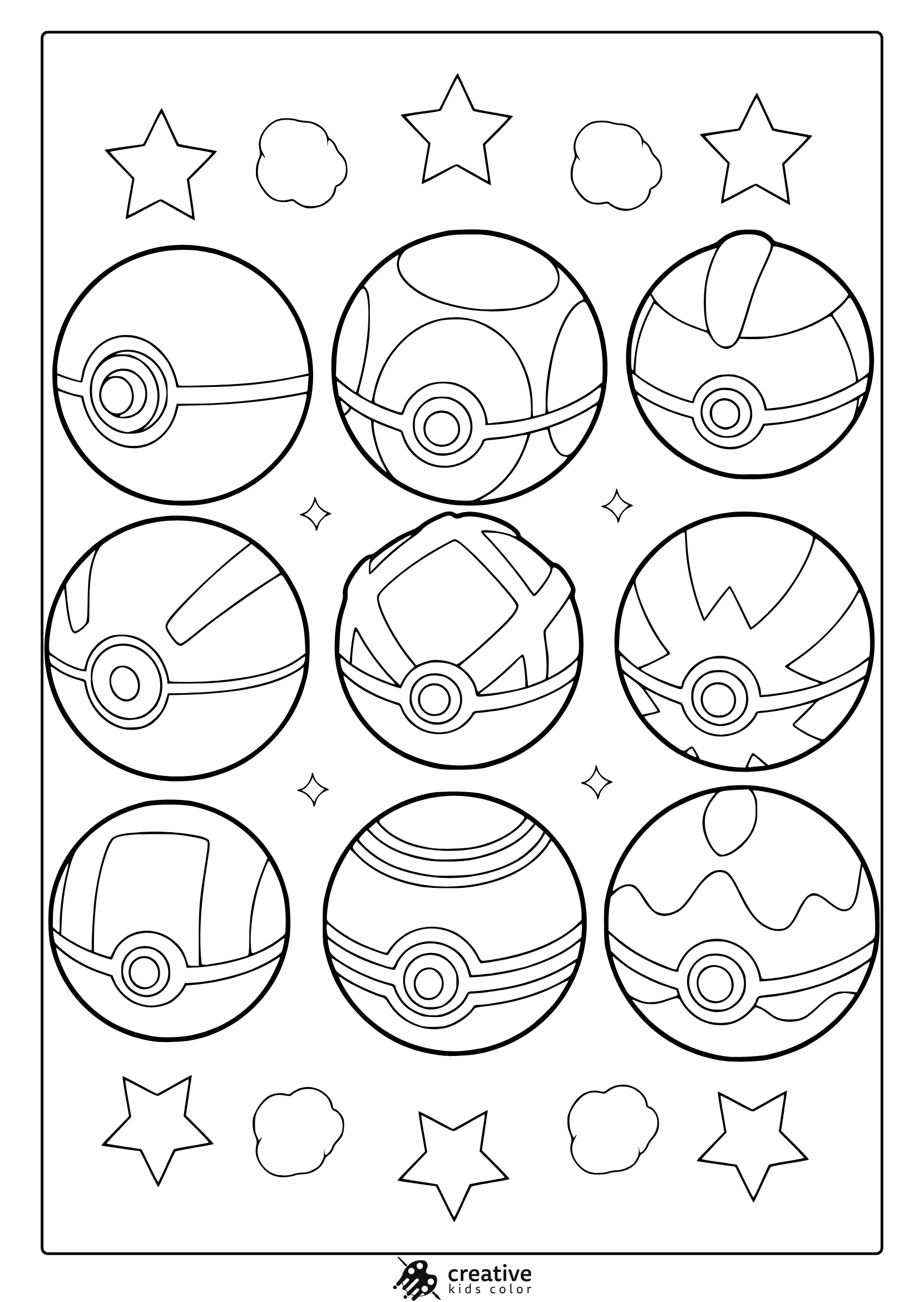 Nine Poké Balls In A Grid With Stars And Clouds On A Playful Pokémon Coloring Page.