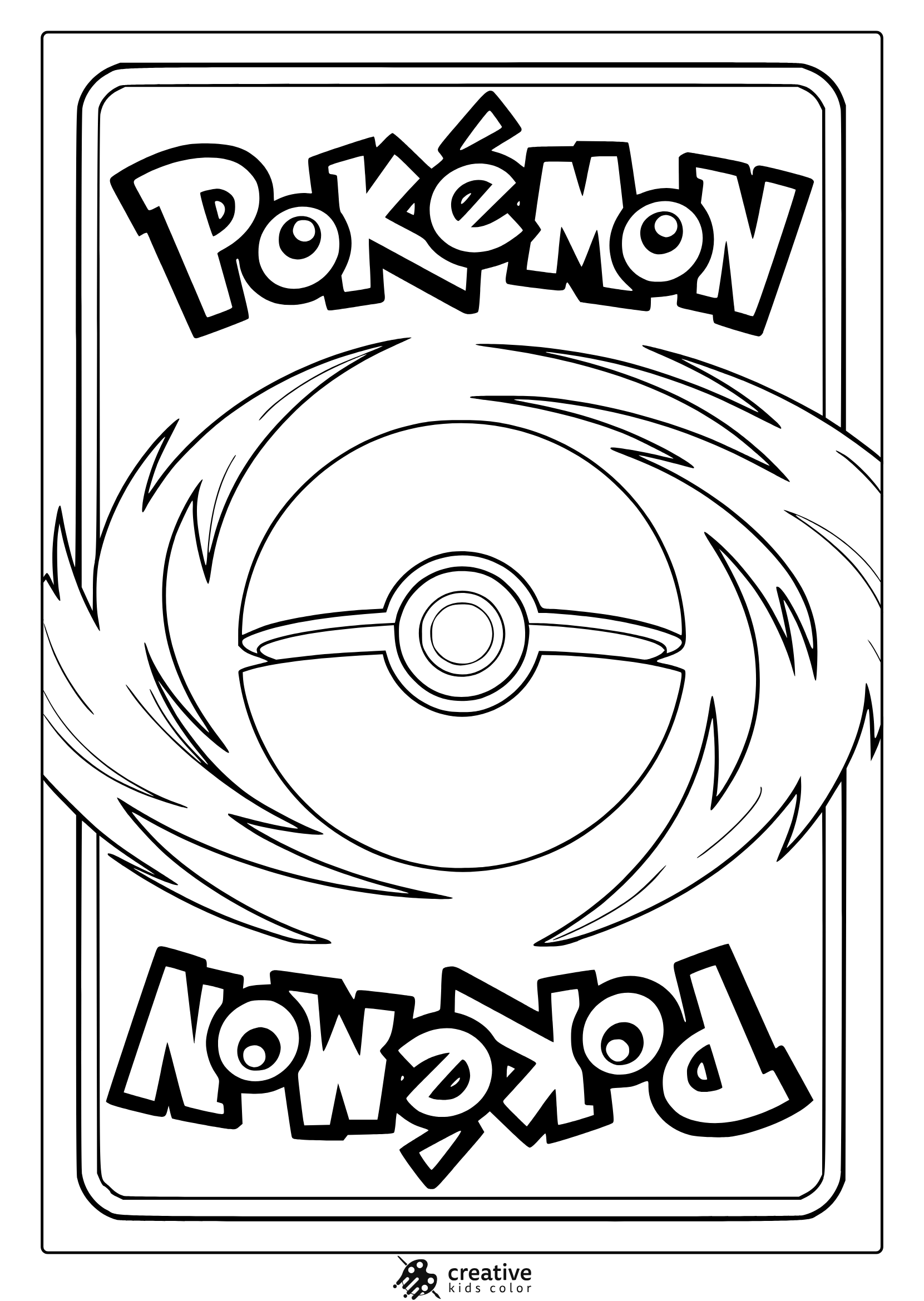 Stylized Poké Ball And Pokémon Logo In A Trading Card Format On A Bold Black And White Coloring Page.