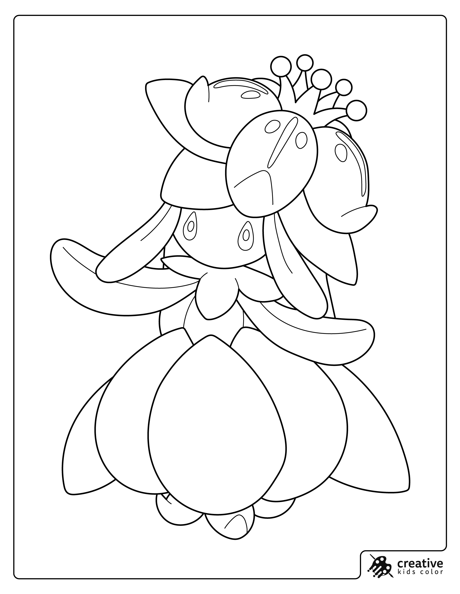 A coloring page showing Lilligant standing with its large flower petals open.