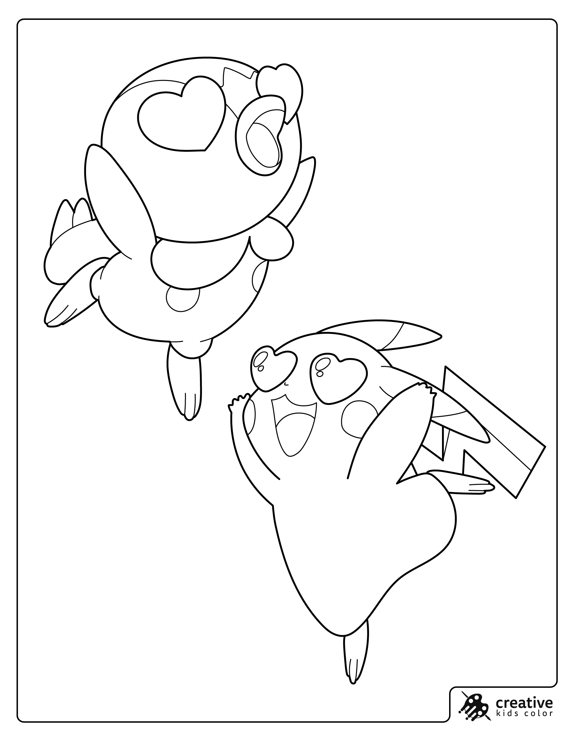 A coloring page showing Pikachu and Piplup floating with happy faces.
