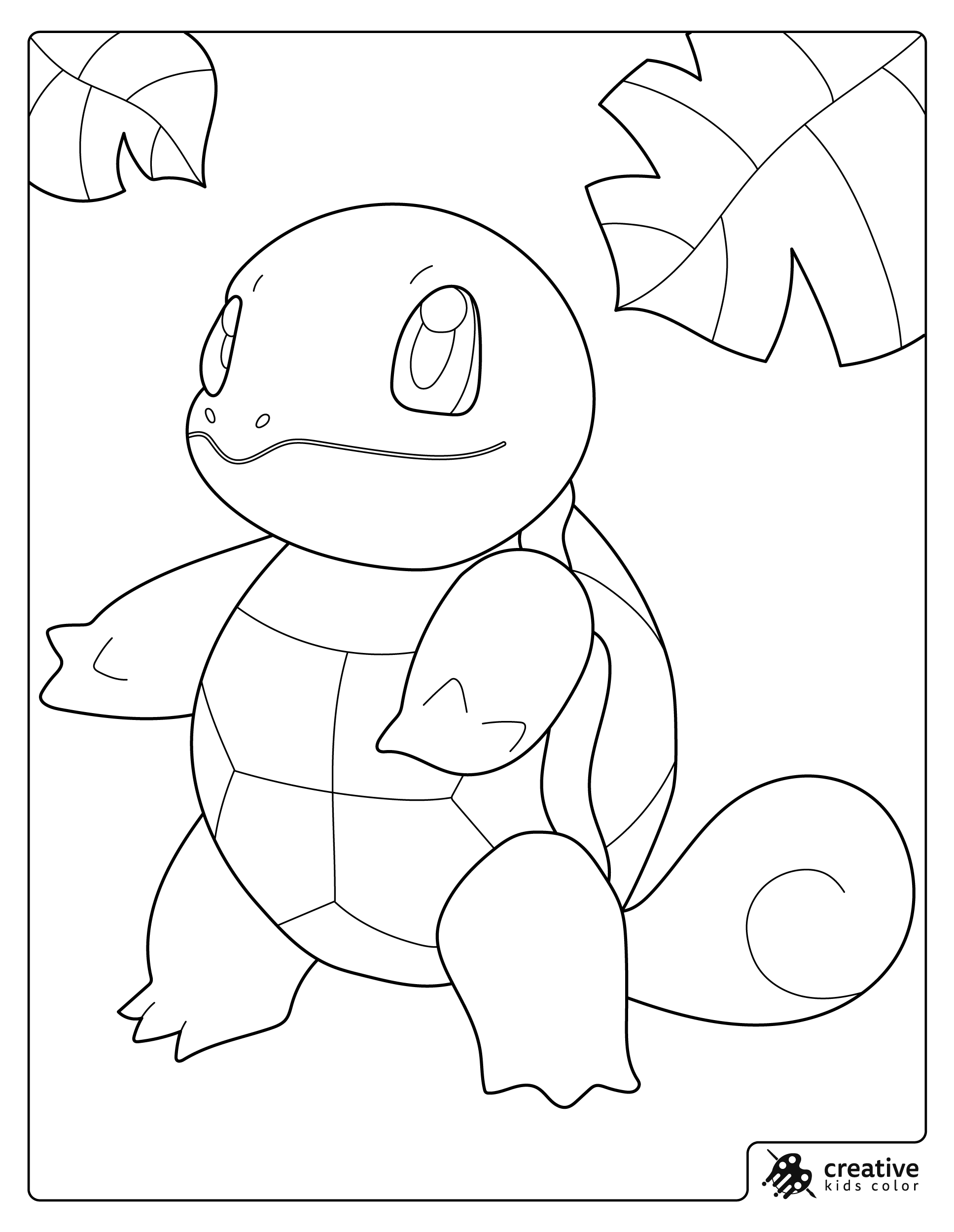 A coloring page showing Squirtle standing under big leaves.