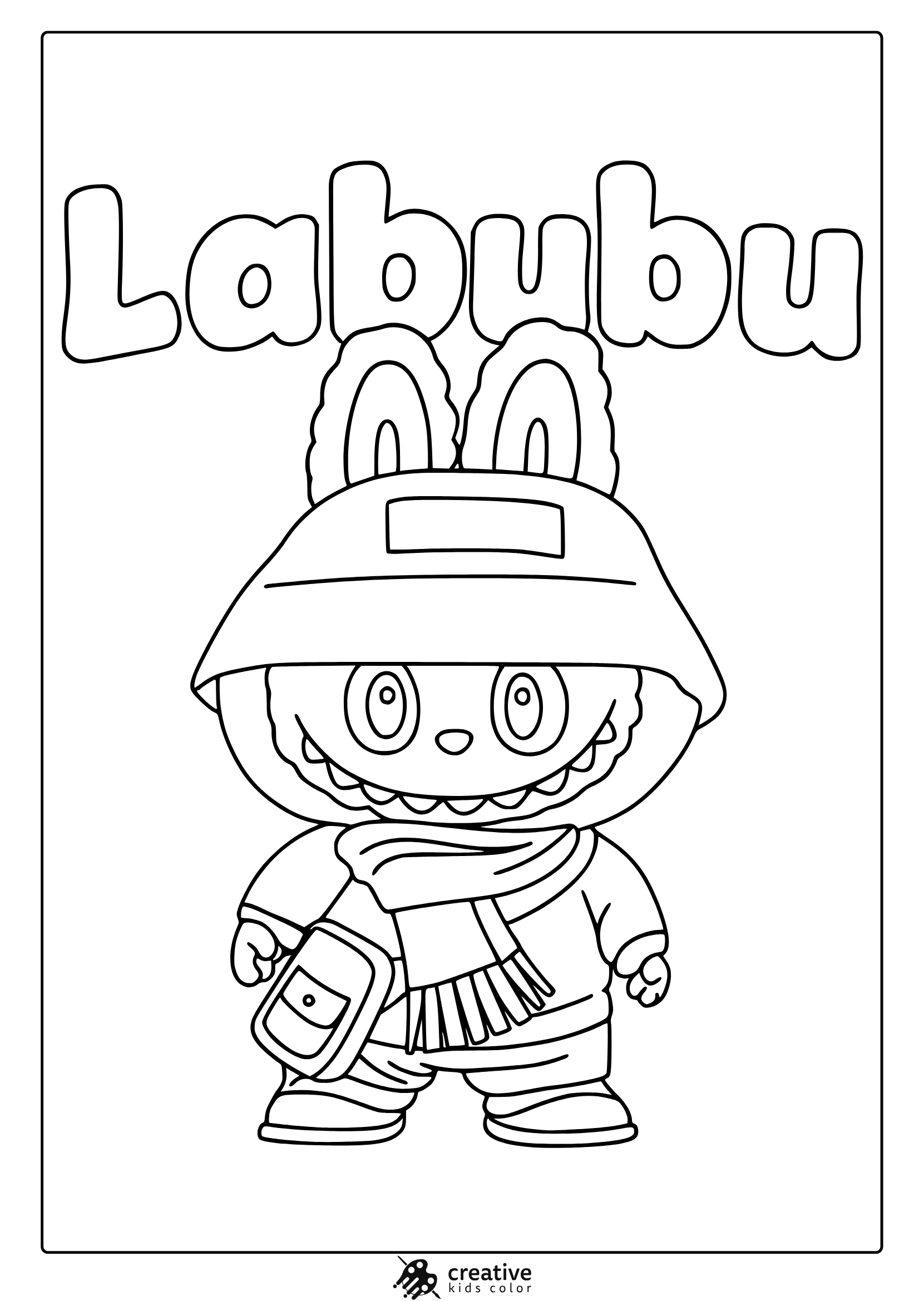 Popmart-Style Labubu With Jacket And Scarf In A Clean And Bold Outlined Coloring Page.