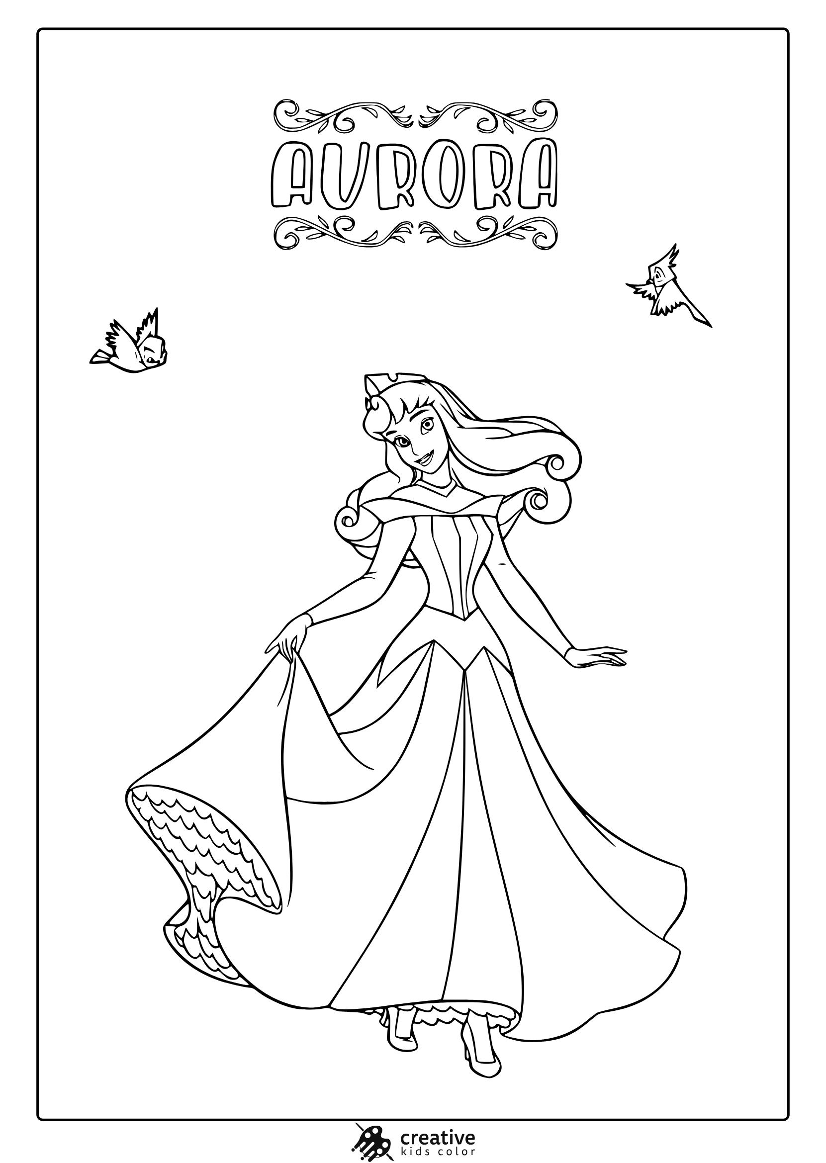 Coloring Page Of Princess Aurora In A Flowing Dress With Decorative Birds And The Name “Aurora” Above.