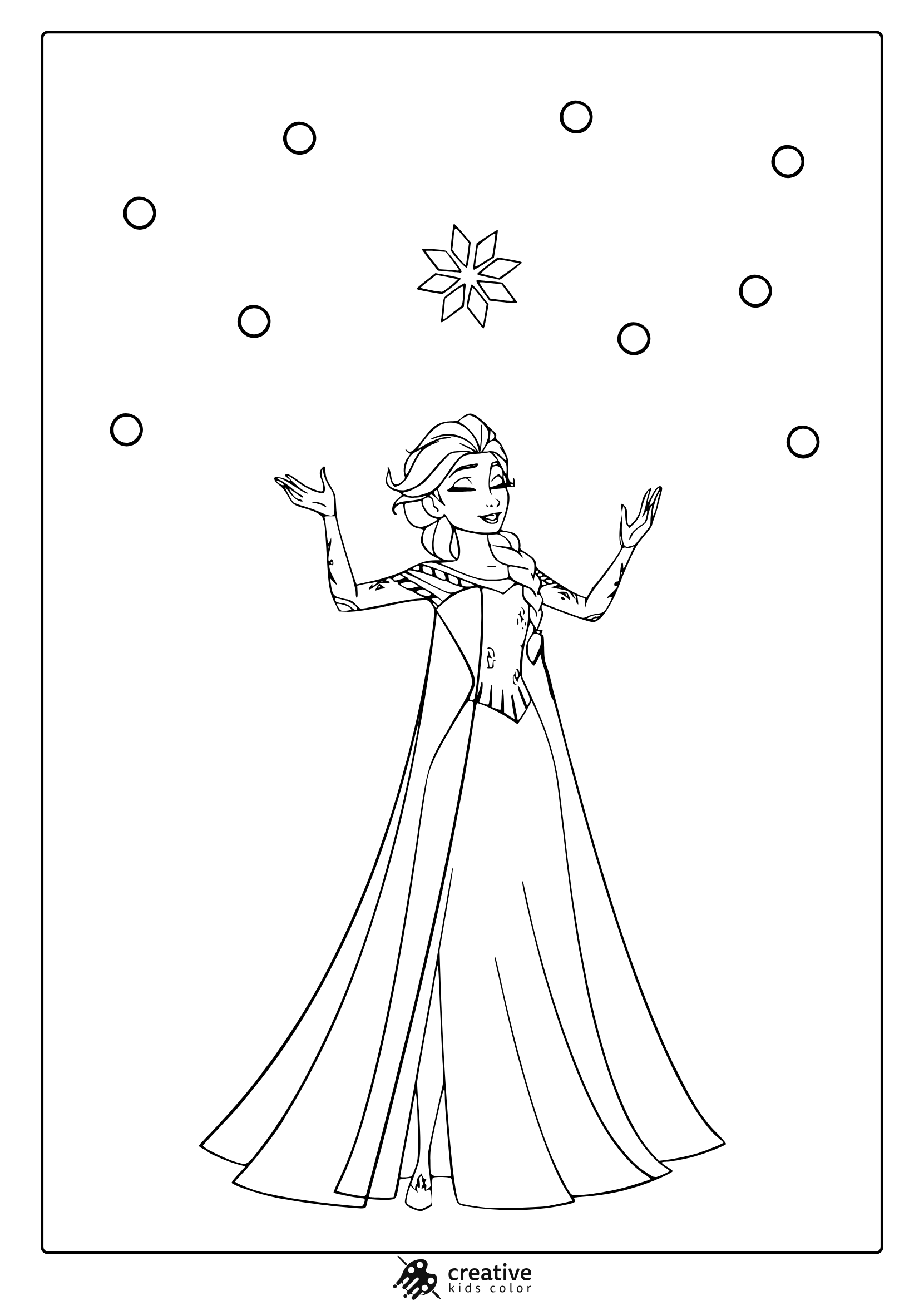 Coloring Page Featuring Princess Elsa In A Flowing Gown With A Cape And Falling Snowflakes.
