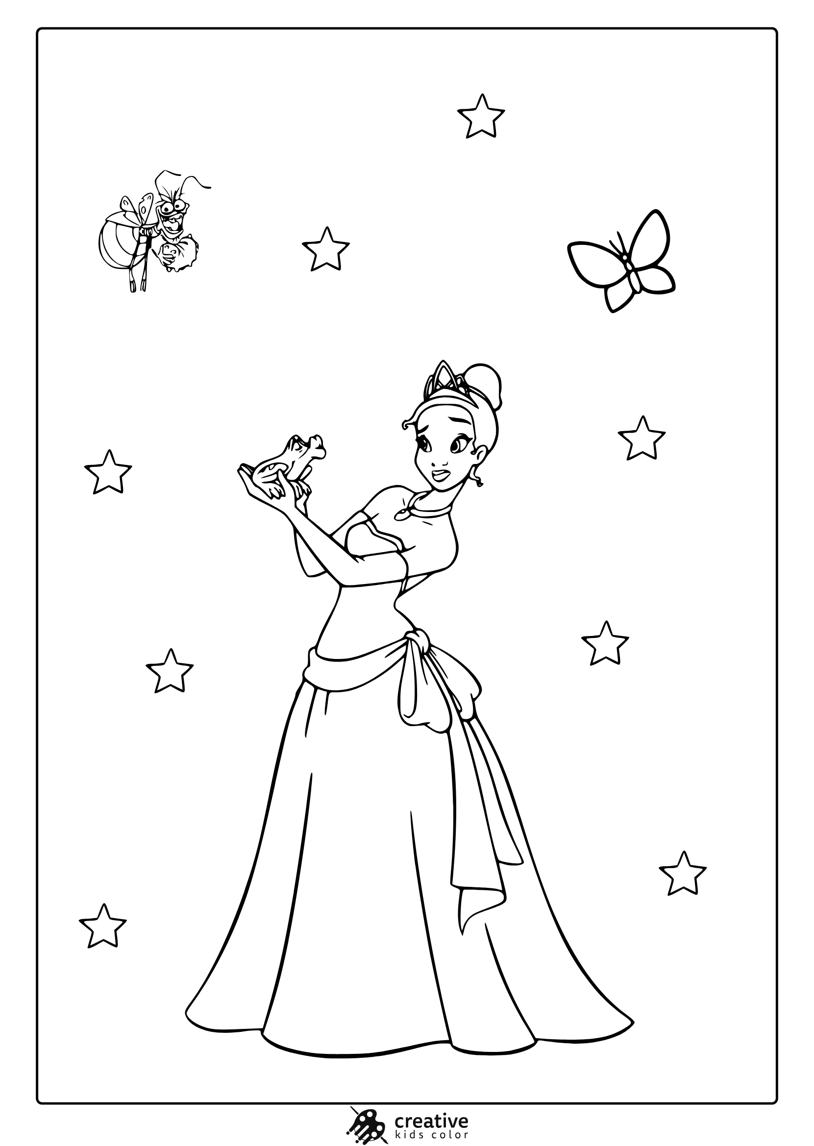 Coloring Page Featuring Princess Tiana With A Frog And Stars, In A Graceful Pose From The Princess And The Frog.