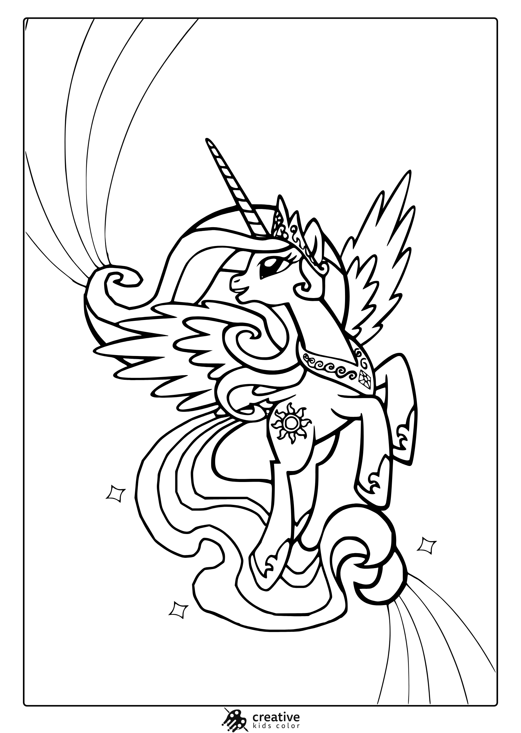 Coloring Page Of Princess Celestia With Ornate Wings, Flowing Mane, And A Celestial Crown.