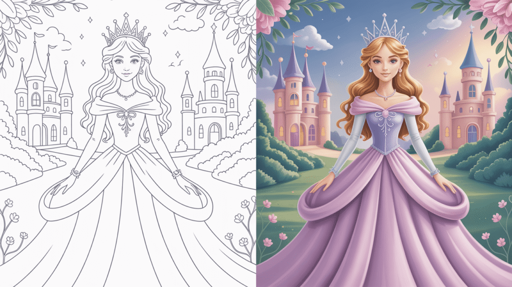 Princess Coloring Page Cover, Left Side Black And White, Right Side Colored In A Fun, Nature-Filled Scene.