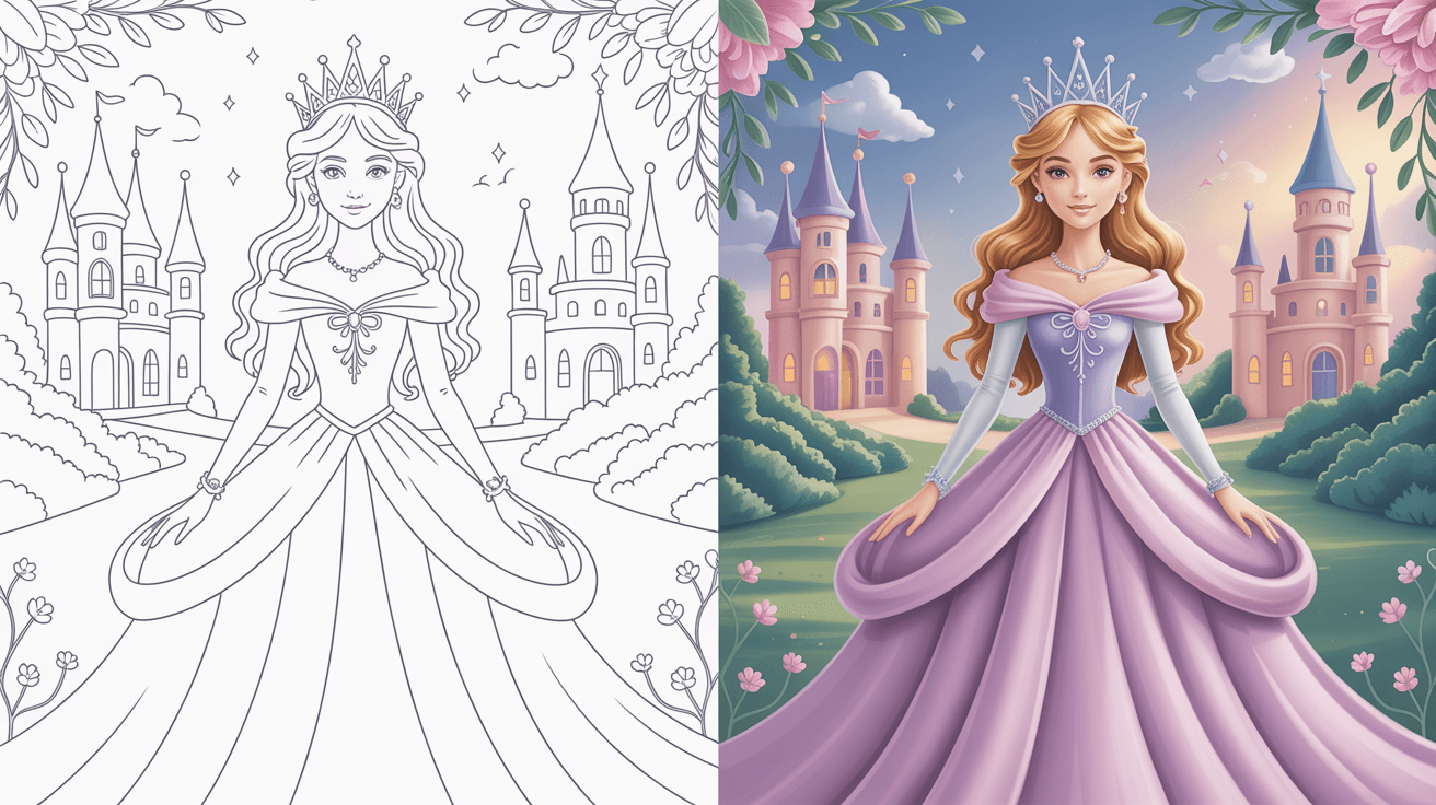 Princess Coloring Page Cover, Left Side Black And White, Right Side Colored In A Fun, Nature-Filled Scene.