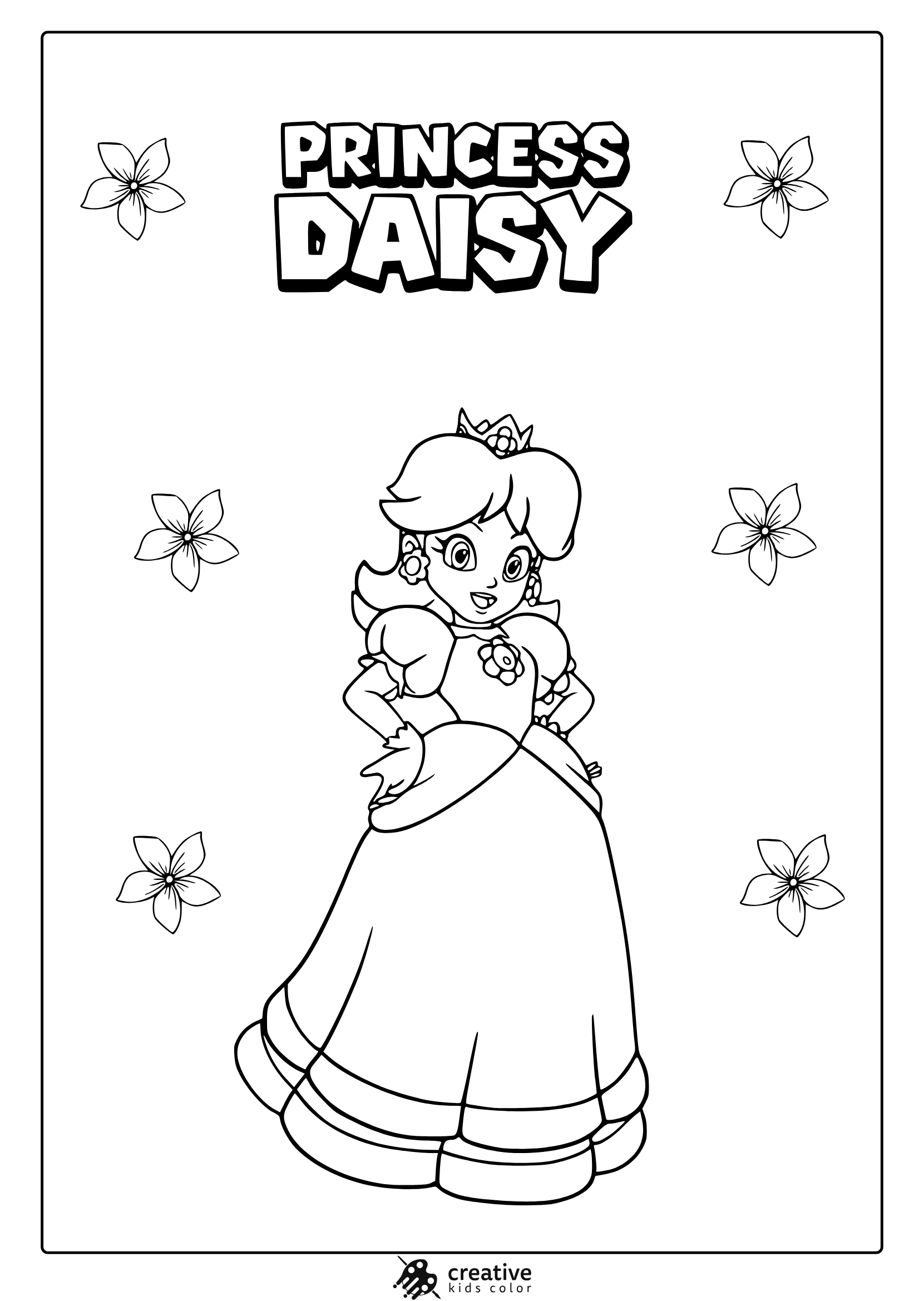 Coloring Page Featuring Princess Daisy In A Layered Dress, Surrounded By Flower Patterns.