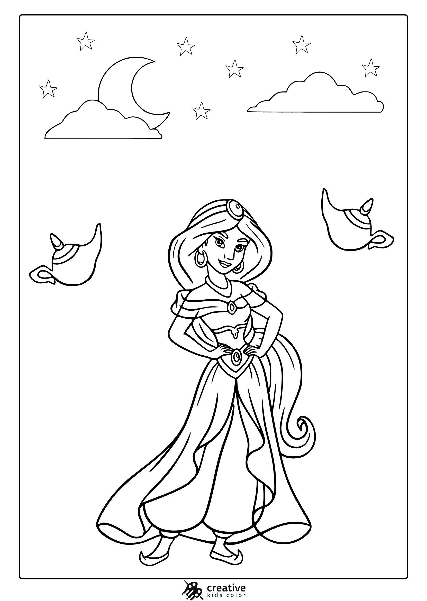 Coloring Page Of Princess Jasmine With A Cape, Magical Lamps, And A Crescent Moon Background.