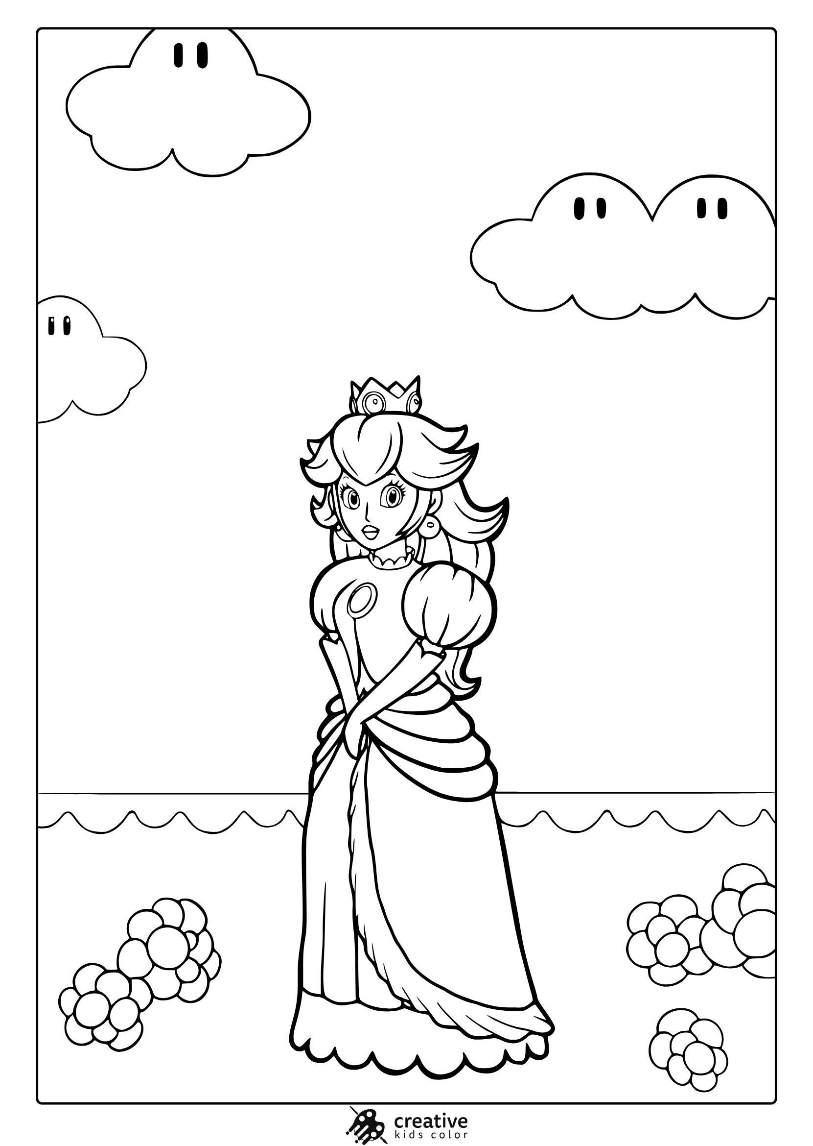 Coloring Page With Princess Peach In A Formal Dress, Surrounded By Flowers And Cheerful Clouds.