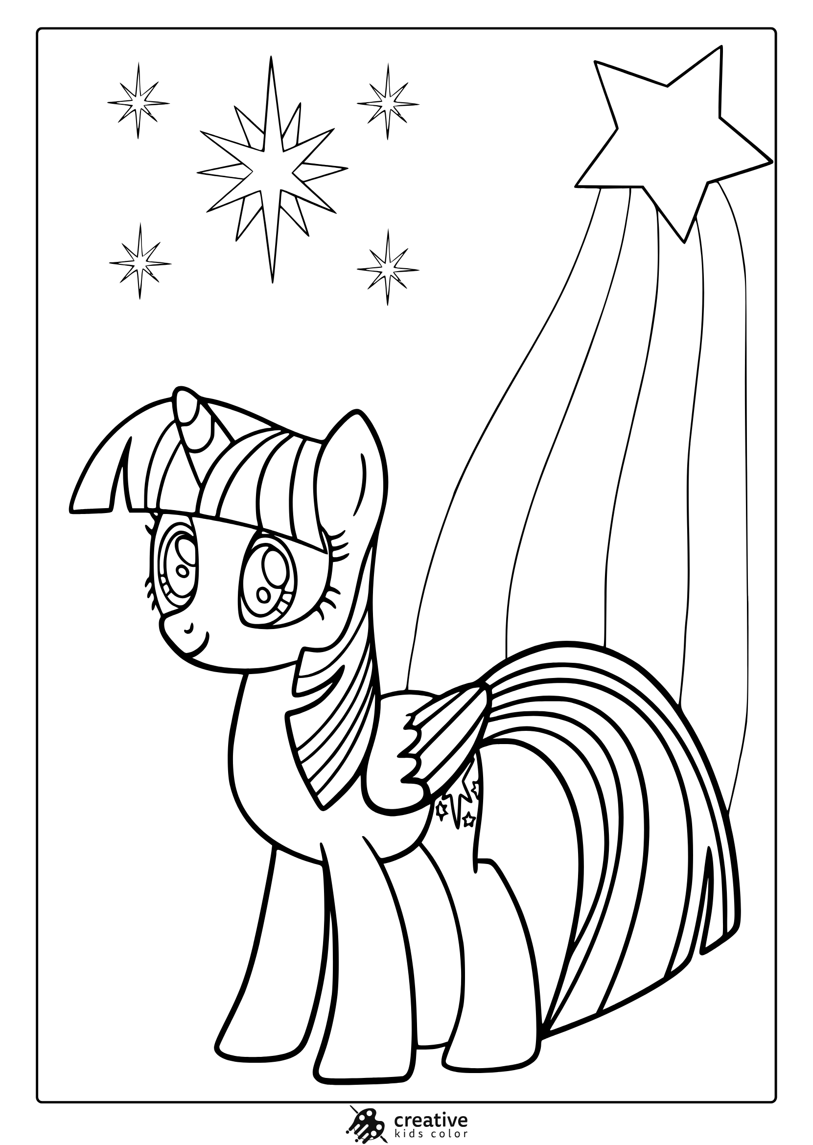 Coloring Page Of Princess Twilight Sparkle With A Shooting Star And Bold Outlines In My Little Pony Style.