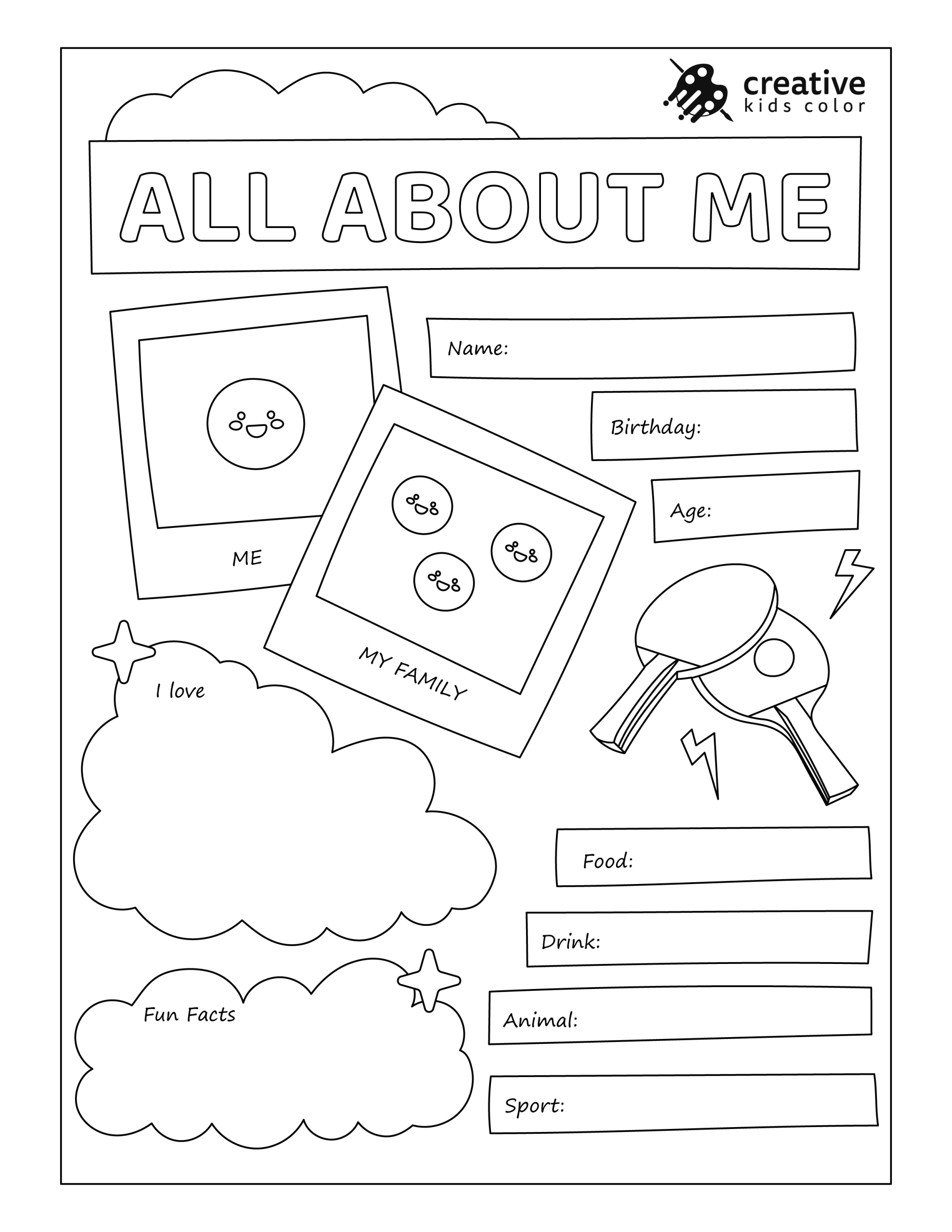 Fun Printable All About Me Worksheet With Drawing Areas And Sections For Hobbies And Family.