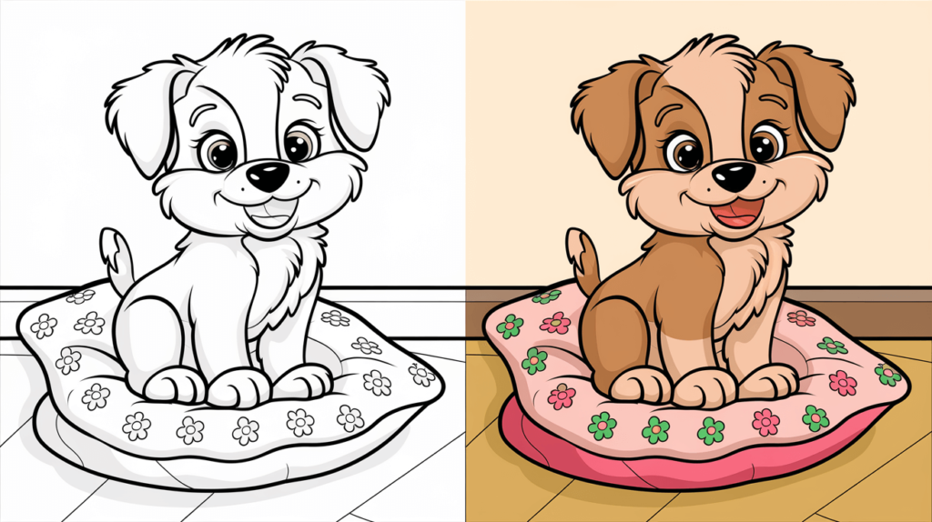 Puppy Coloring Page Cover, Left Side Is Black And White, Right Side Is Colored With A Fun, Nature-Filled Scene.
