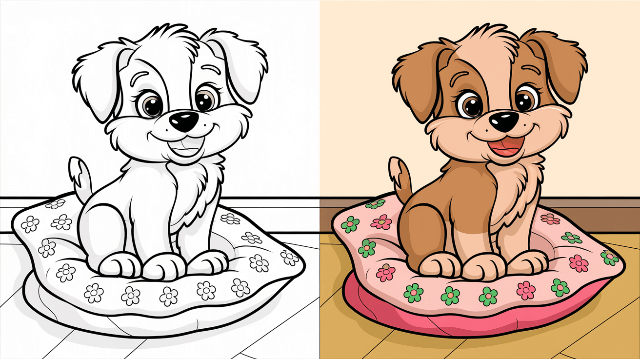 Puppy Coloring Page Cover, Left Side Is Black And White, Right Side Is Colored With A Fun, Nature-Filled Scene.