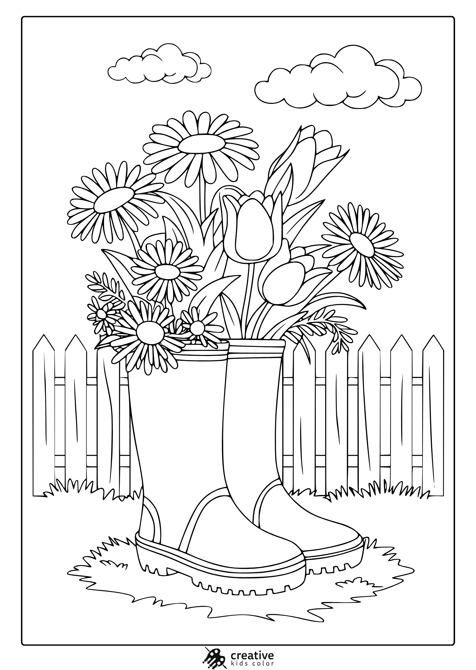 Spring-Themed Coloring Page With Rain Boots Filled With Wildflowers, Creating A Charming And Relaxing Coloring Experience.