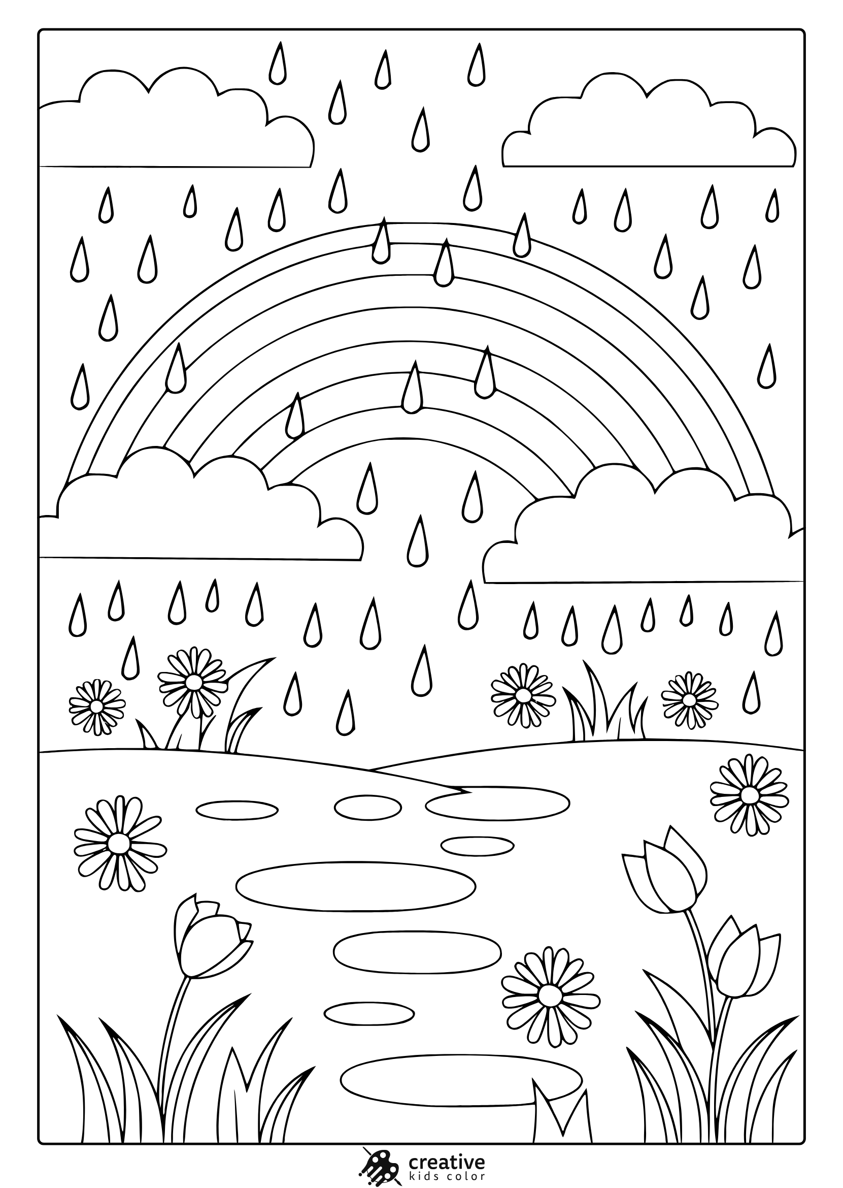 Spring Coloring Page With A Rainbow, Rain Clouds, And Blooming Flowers By The Water, Perfect For A Creative Coloring Session.