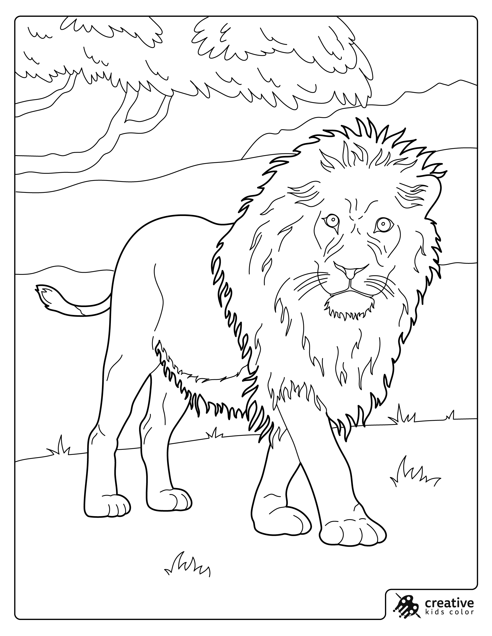 Lion Coloring Page With A Proud Lion Standing In Grasslands With Trees Behind.