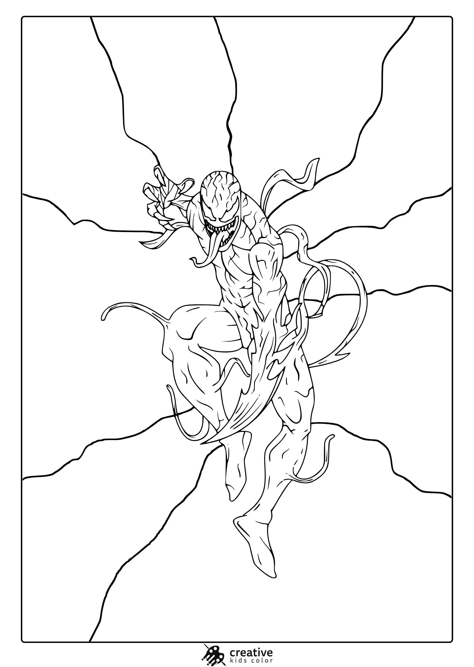 Red Venom Coloring Page With Dramatic Tentacle Motion And Energetic Jumping Pose For Creative Coloring Fun.