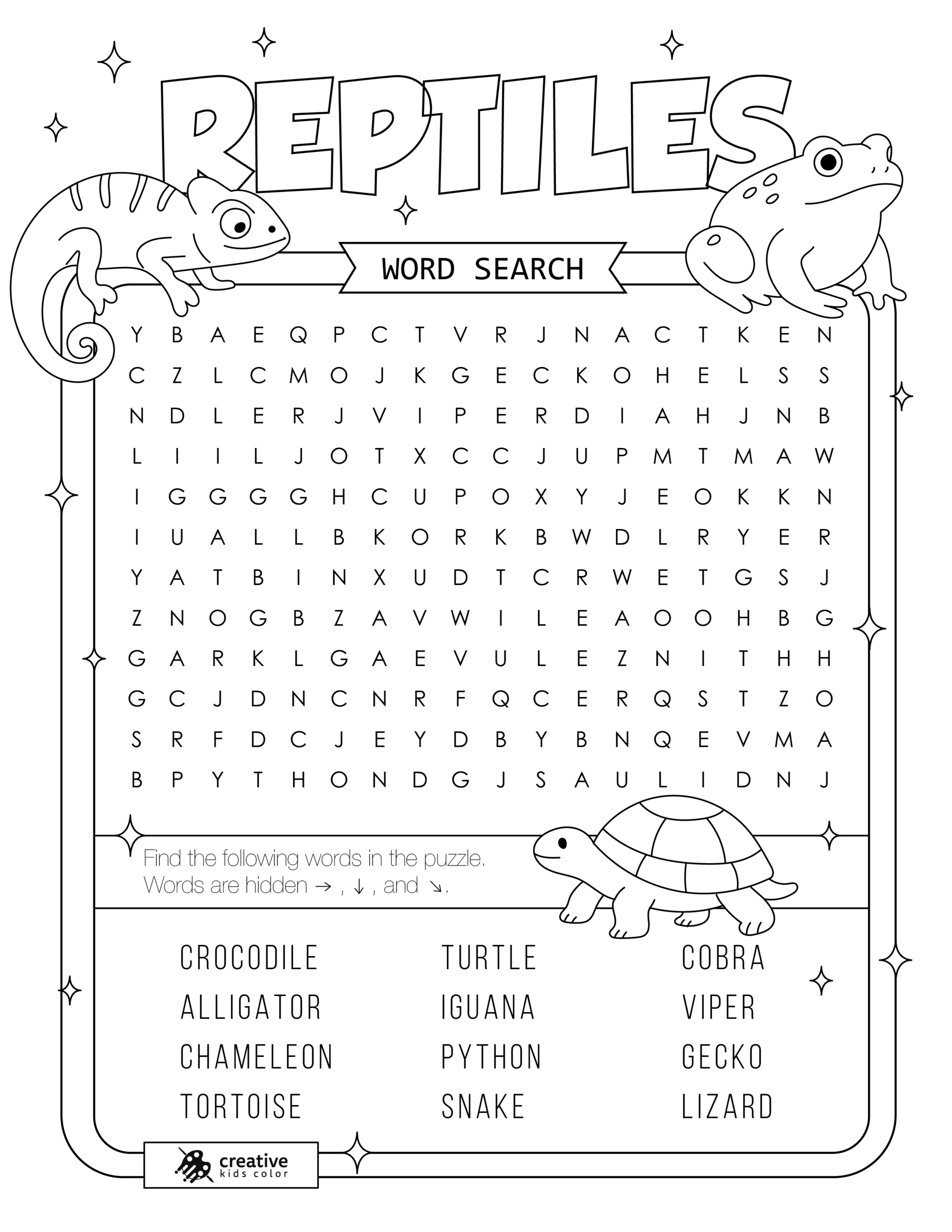 Free printable Reptiles word search puzzle with 12 reptiles from snake to lizard.