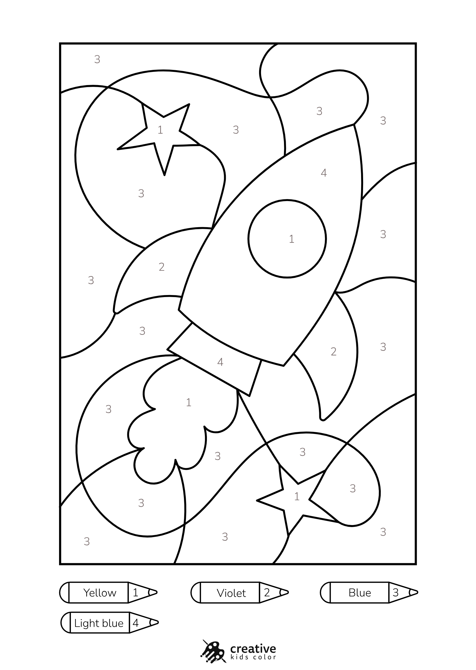 Rocket Color By Number Coloring Page With A Classic Rocket Ship And Flames Coming Out Of The Boosters In Outer Space.