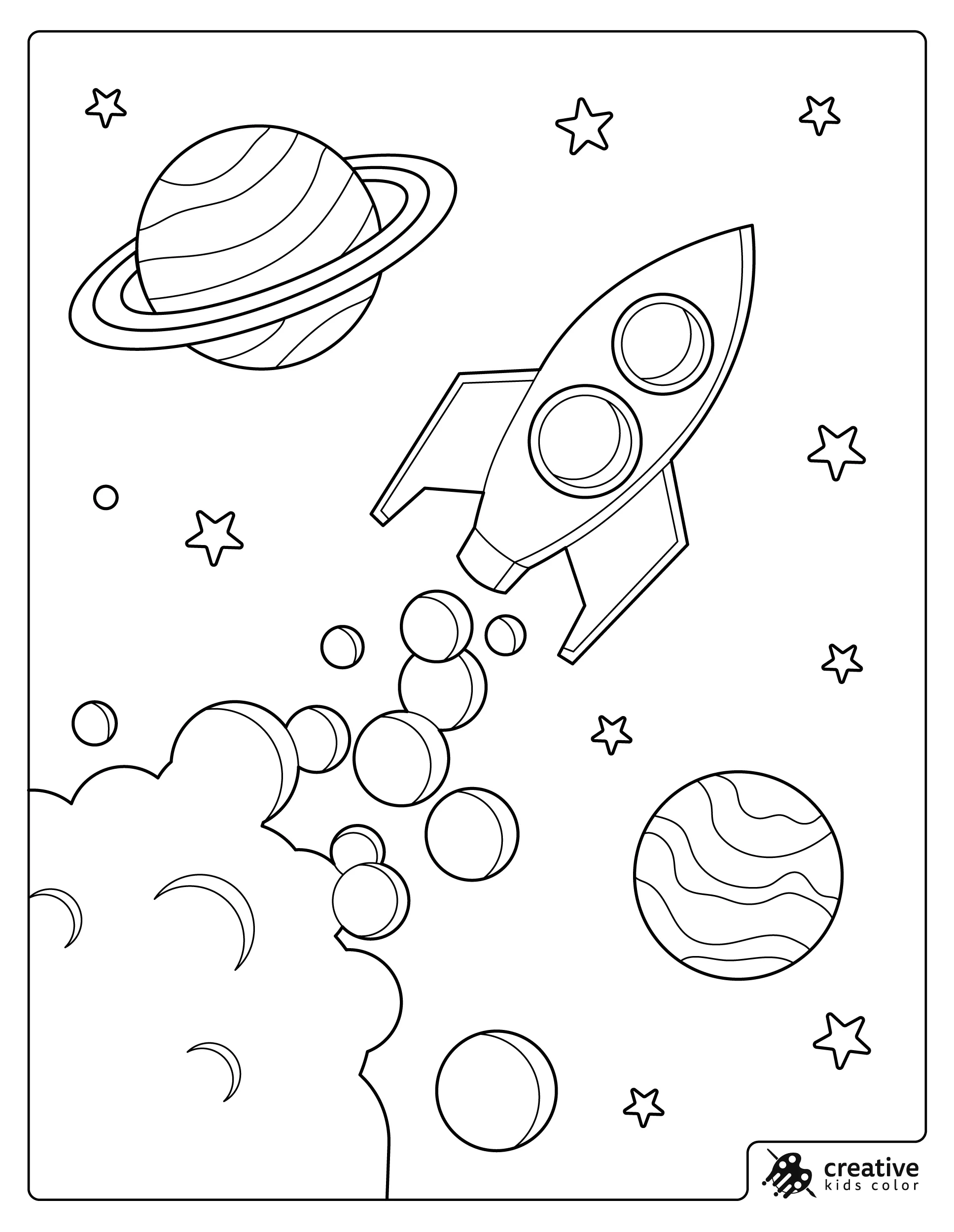 Space Coloring Page Featuring A Rocket Flying Past Planets, Stars, And Cosmic Clouds.