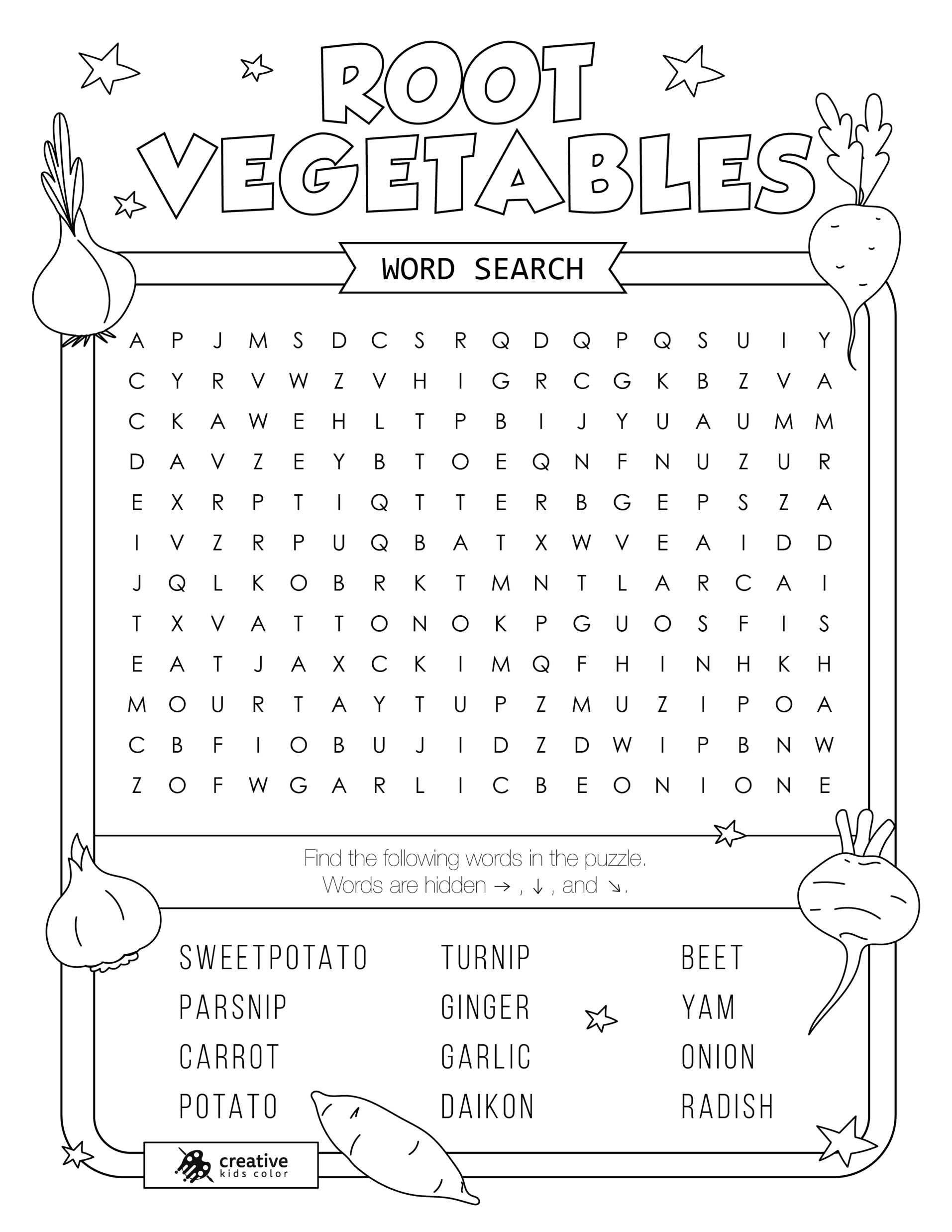 Free printable Root Vegetables word search puzzle with 12 words from carrot to garlic.