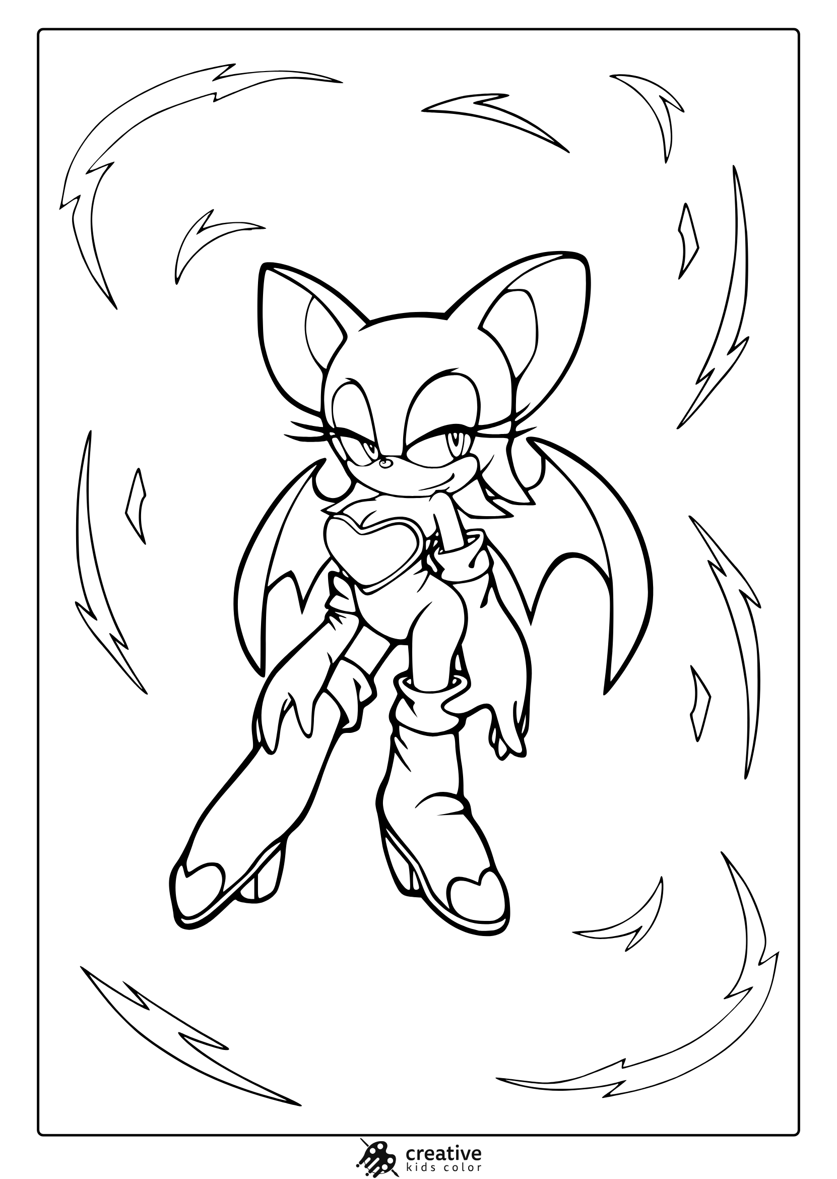 Coloring Page With Rouge The Bat Surrounded By Diamonds And Motion Lines.
