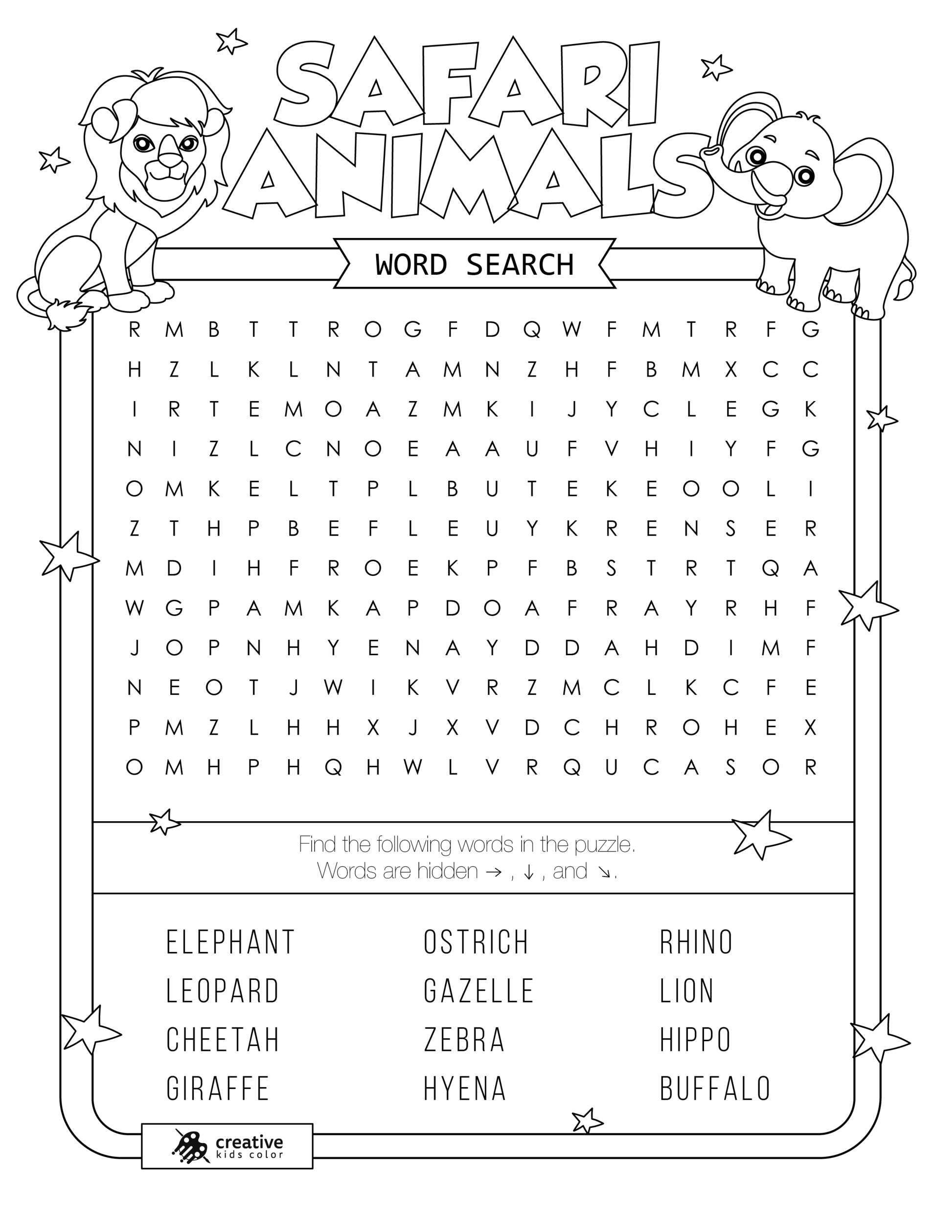 Free printable Safari Animals word search puzzle with 12 animals from lion to zebra.