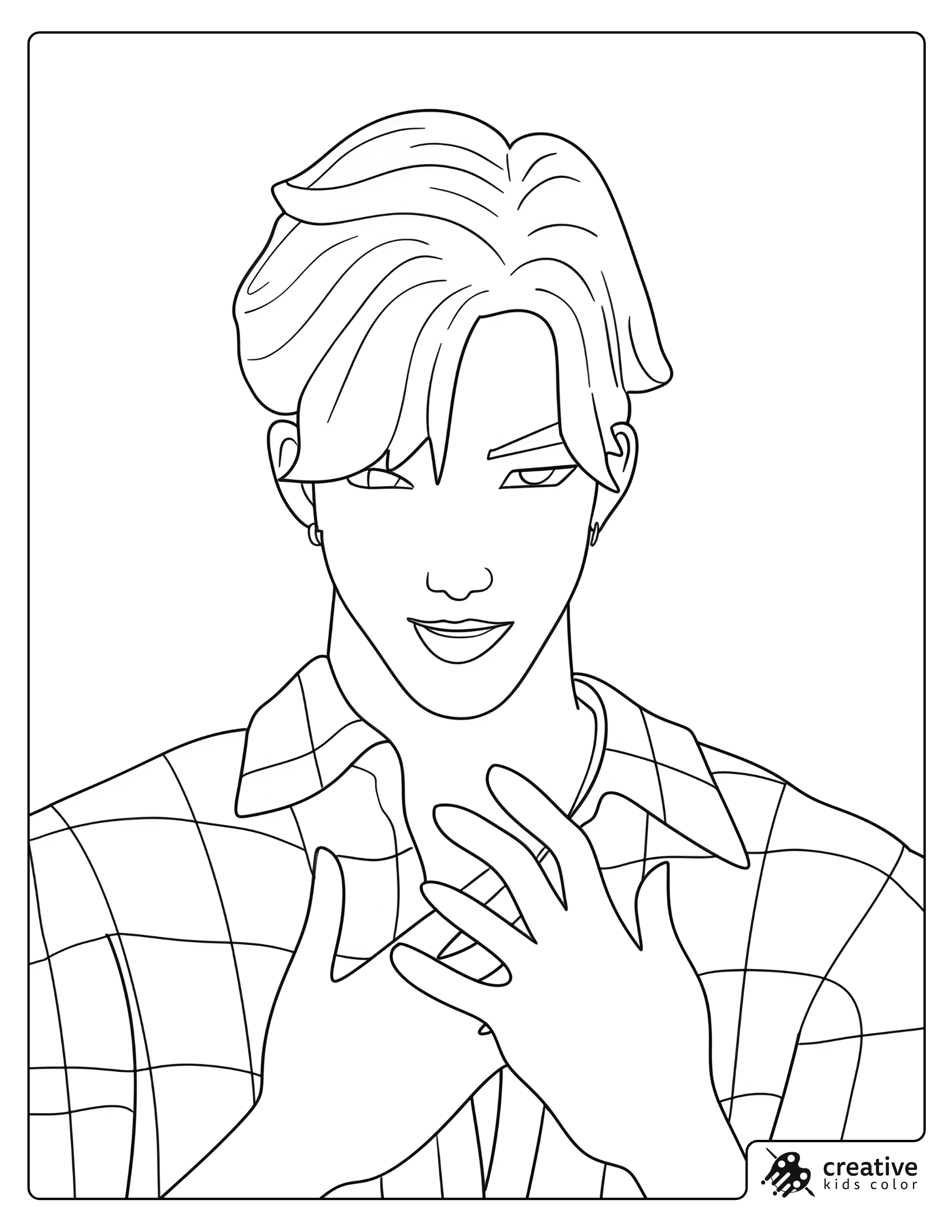 Jinu Plaid Shirt Portrait Coloring Page With Hands On His Chest
