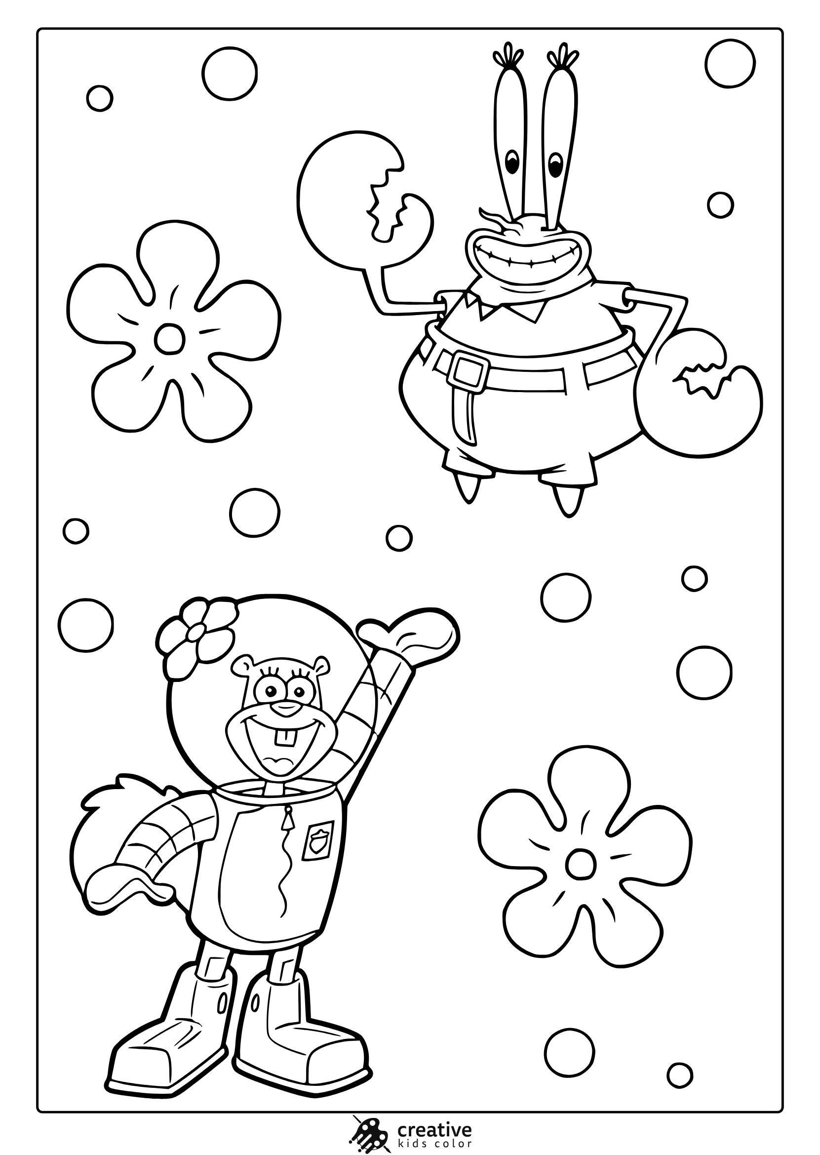 Sandy Cheeks And Mr. Krabs In A Lively Spongebob Coloring Page With Speech Bubble And Flower Details.