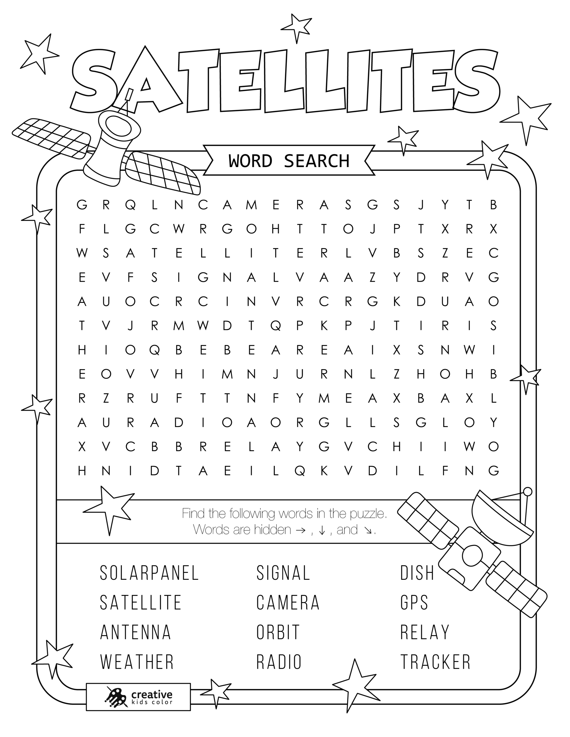 Free printable Satellites word search puzzle with 12 words from satellite to tracker.