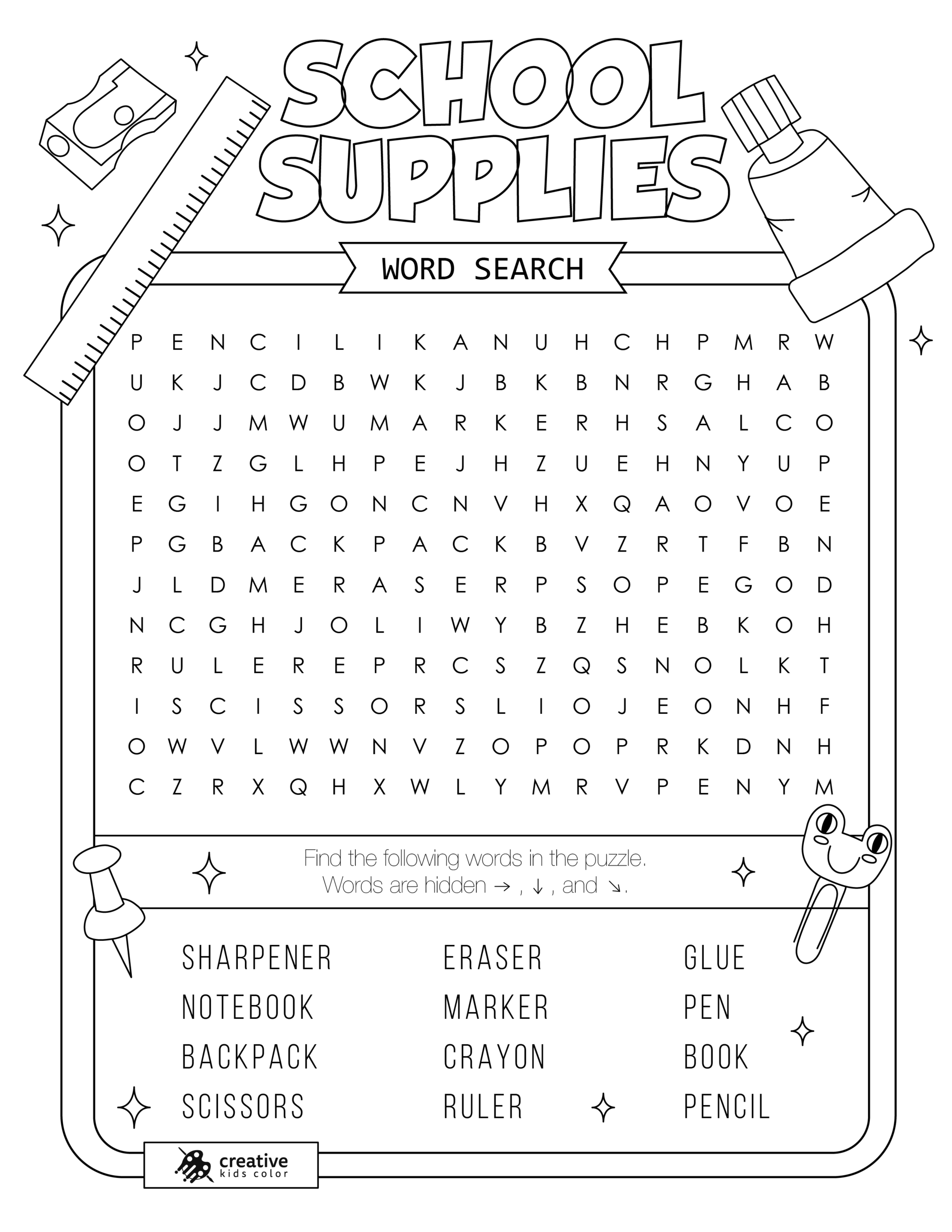 Free printable School Supplies word search puzzle with 12 words from pencil to notebook.