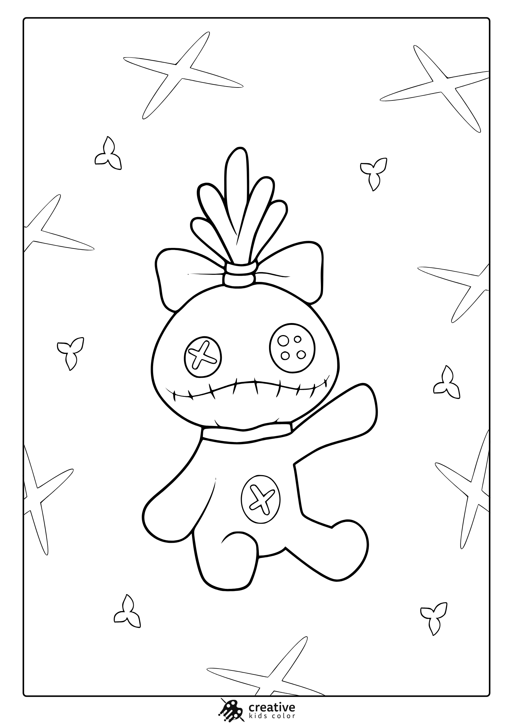 Scrump Coloring Page With Stitched Smile, Bow Detail, And Background Of Small Stars And Butterflies.