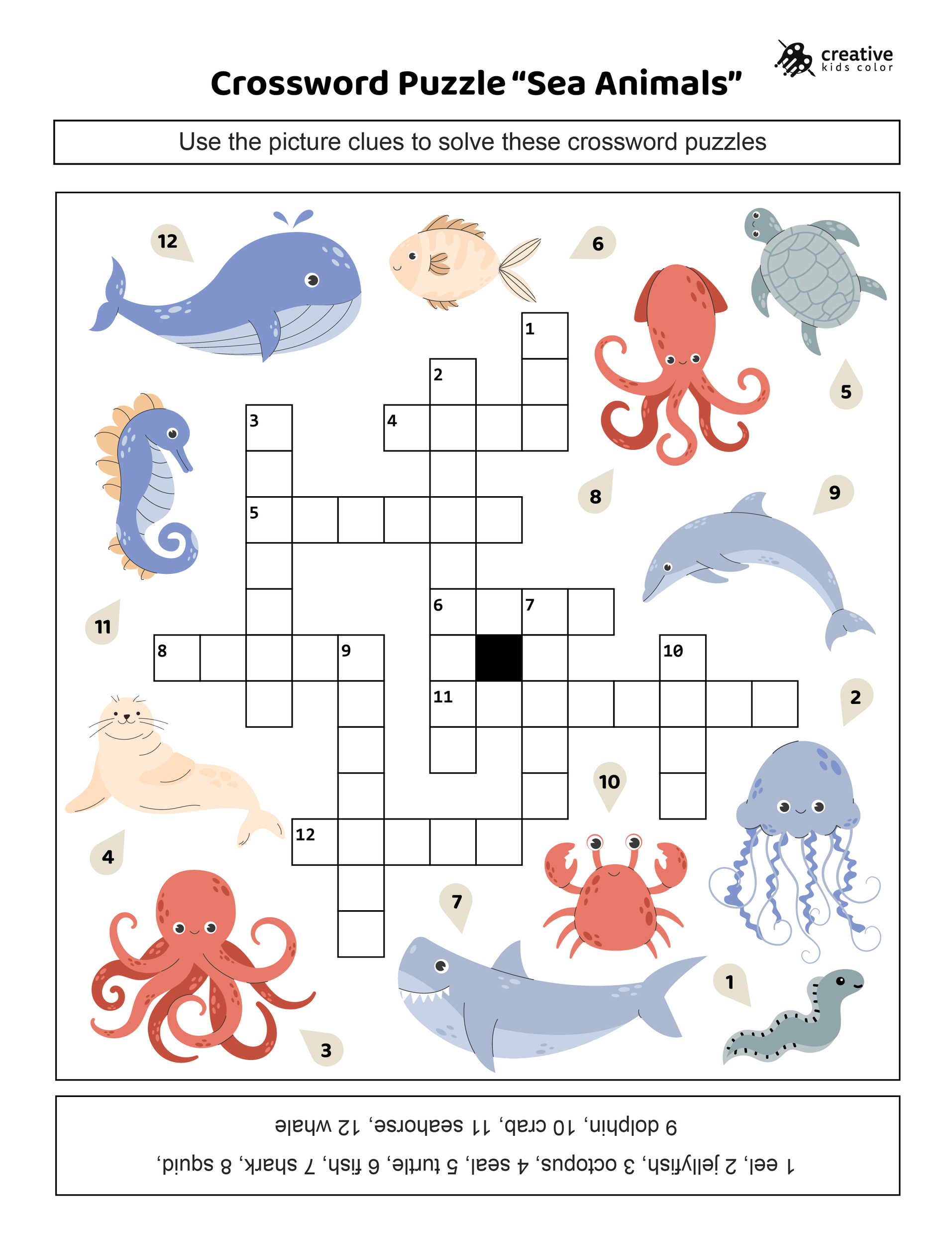 Free printable sea animals crossword puzzle with ocean clues.