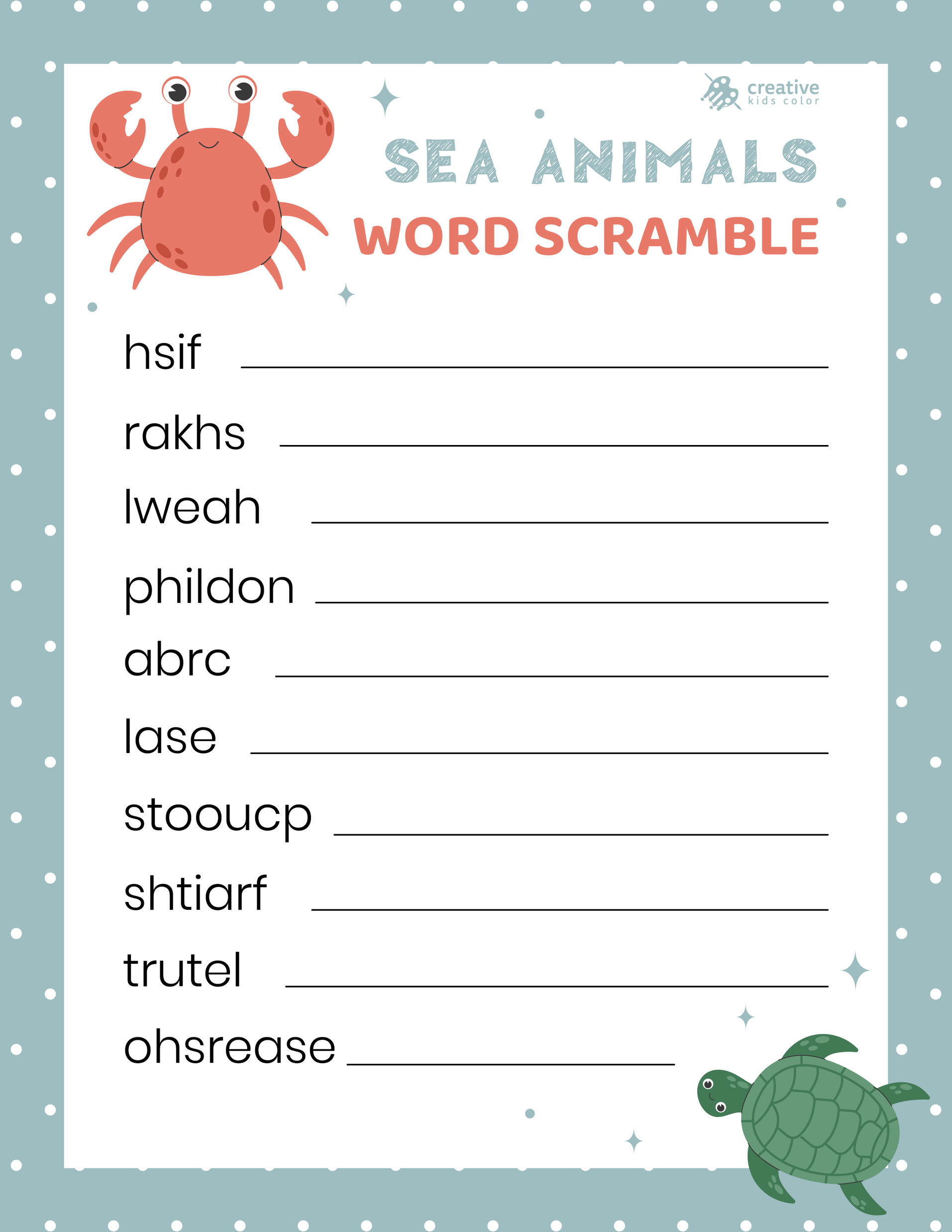 Free printable Sea Animals Word Scramble for learners to explore marine life through words.