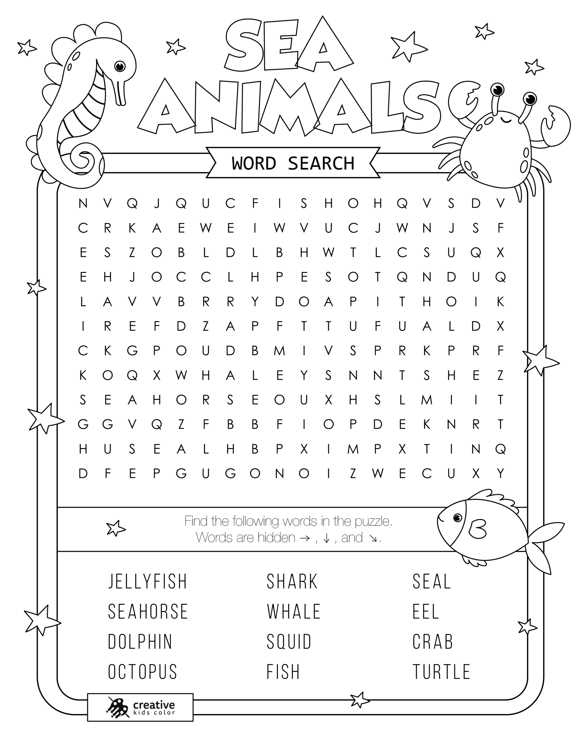 Free printable Sea Animals word search puzzle with 12 creatures from fish to dolphin.